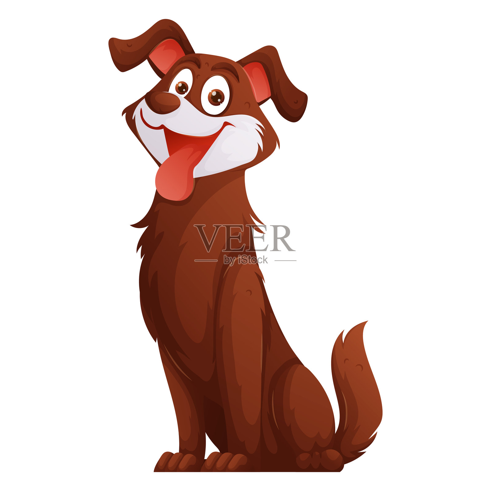 可爱的卡通棕色狗角色坐着,吐着舌头,微笑着。插画图片素材