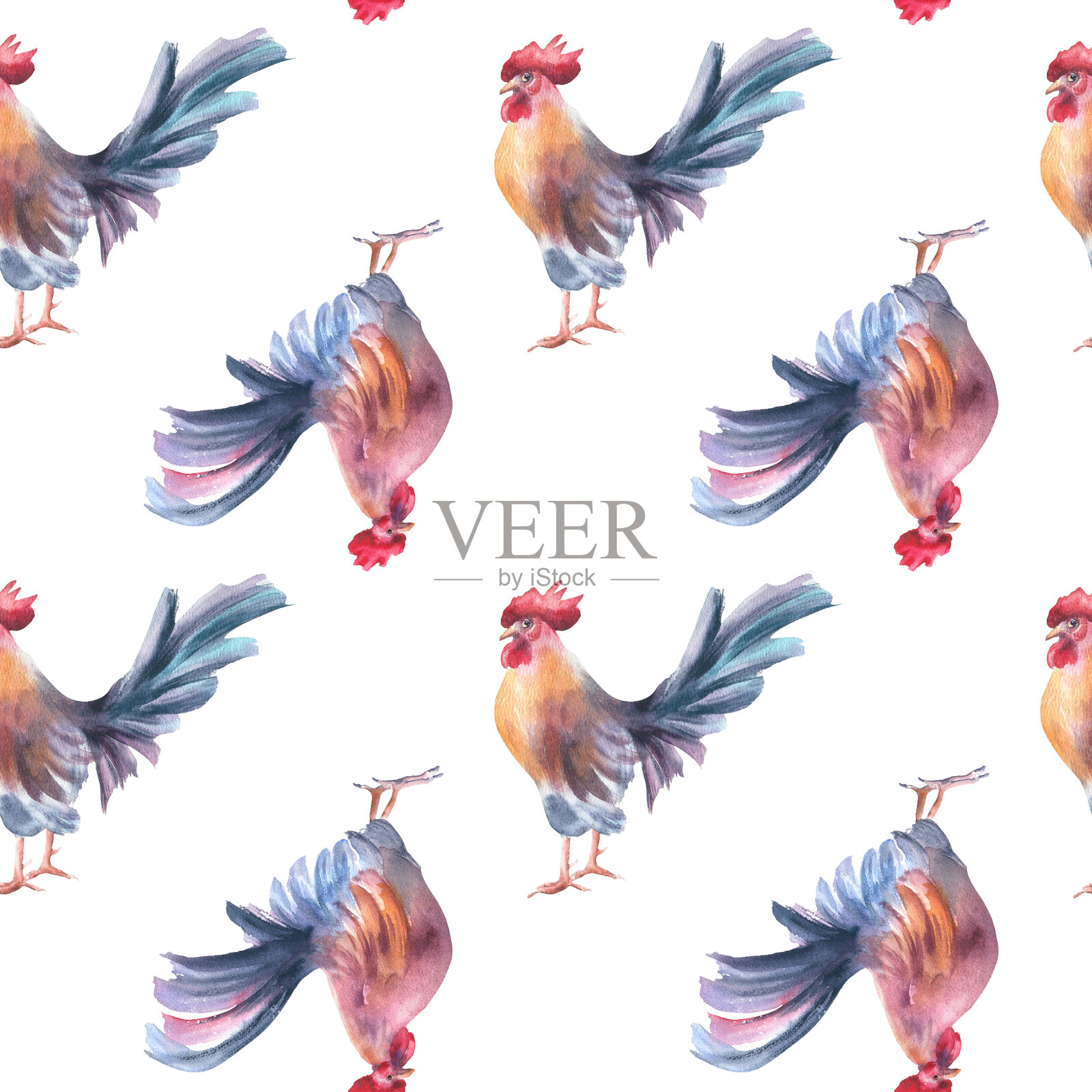 优雅的水彩公鸡重复图案,独立设计。乡村风格的家禽插图,手绘无缝背景,适用于乡村风格面料、环保包装和农舍风格壁纸。插画图片素材