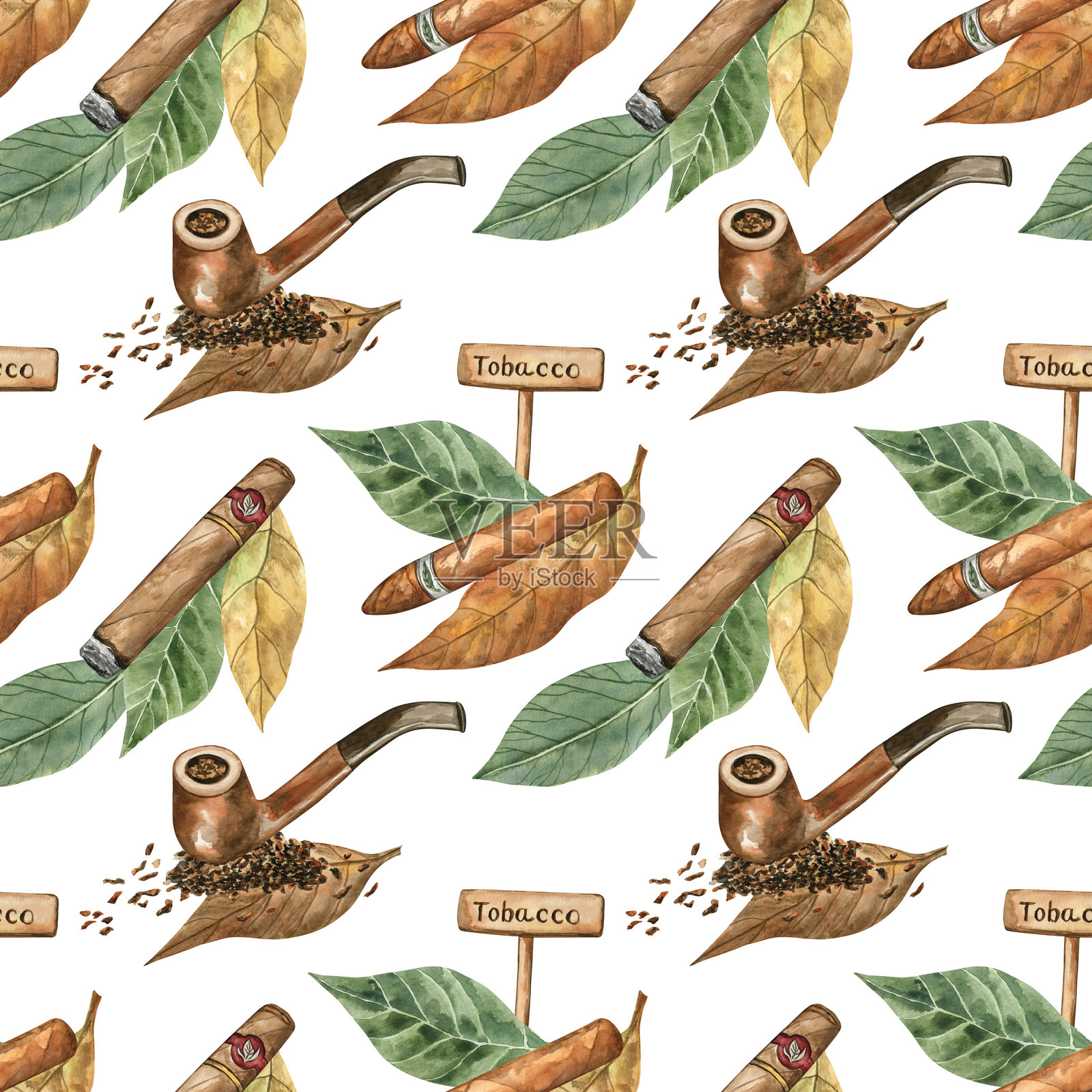水彩烟草叶、烟斗和雪茄;无缝图案插画图片素材