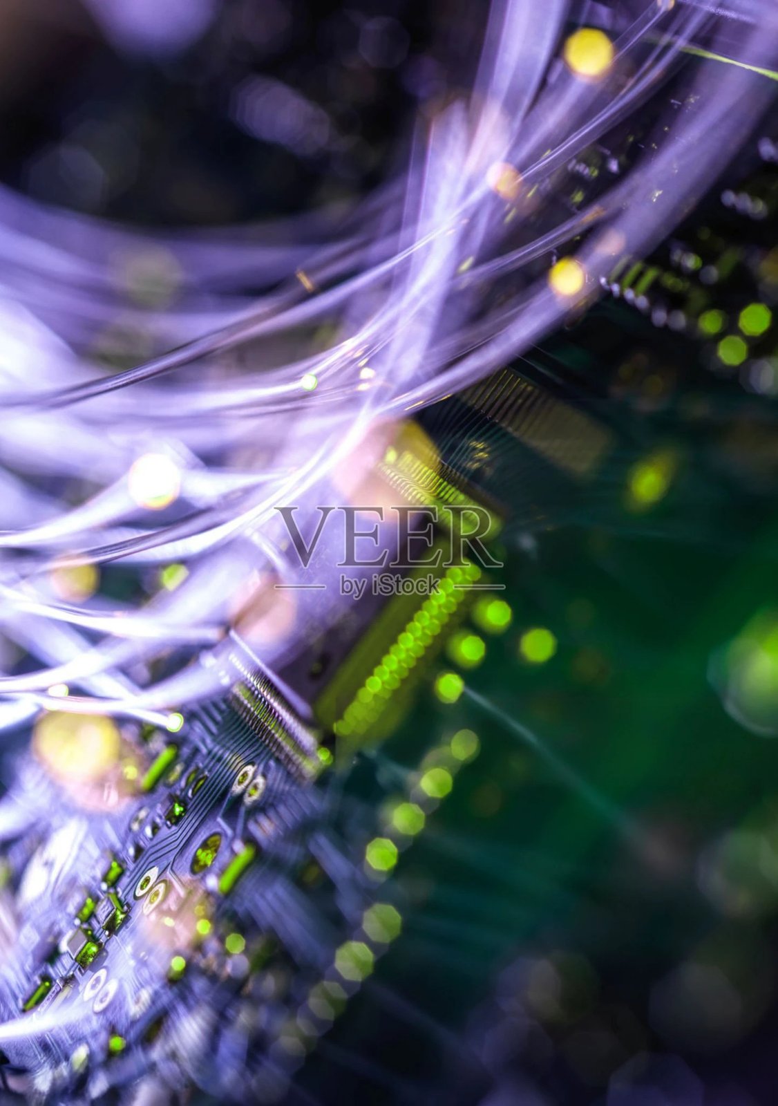 复杂的电路板与光纤电缆,展示了技术进步和连接。照片摄影图片