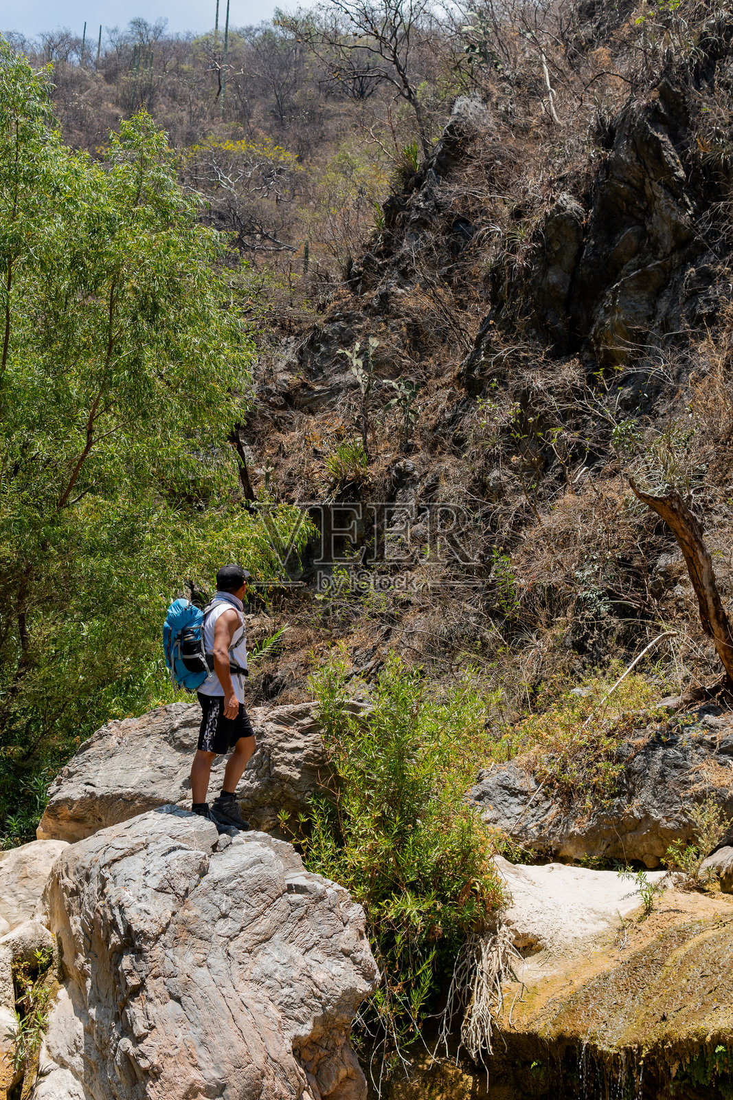 在墨西哥普埃布拉州特拉特劳基特佩克的马格达莱纳瀑布前沉思的徒步旅行者照片摄影图片