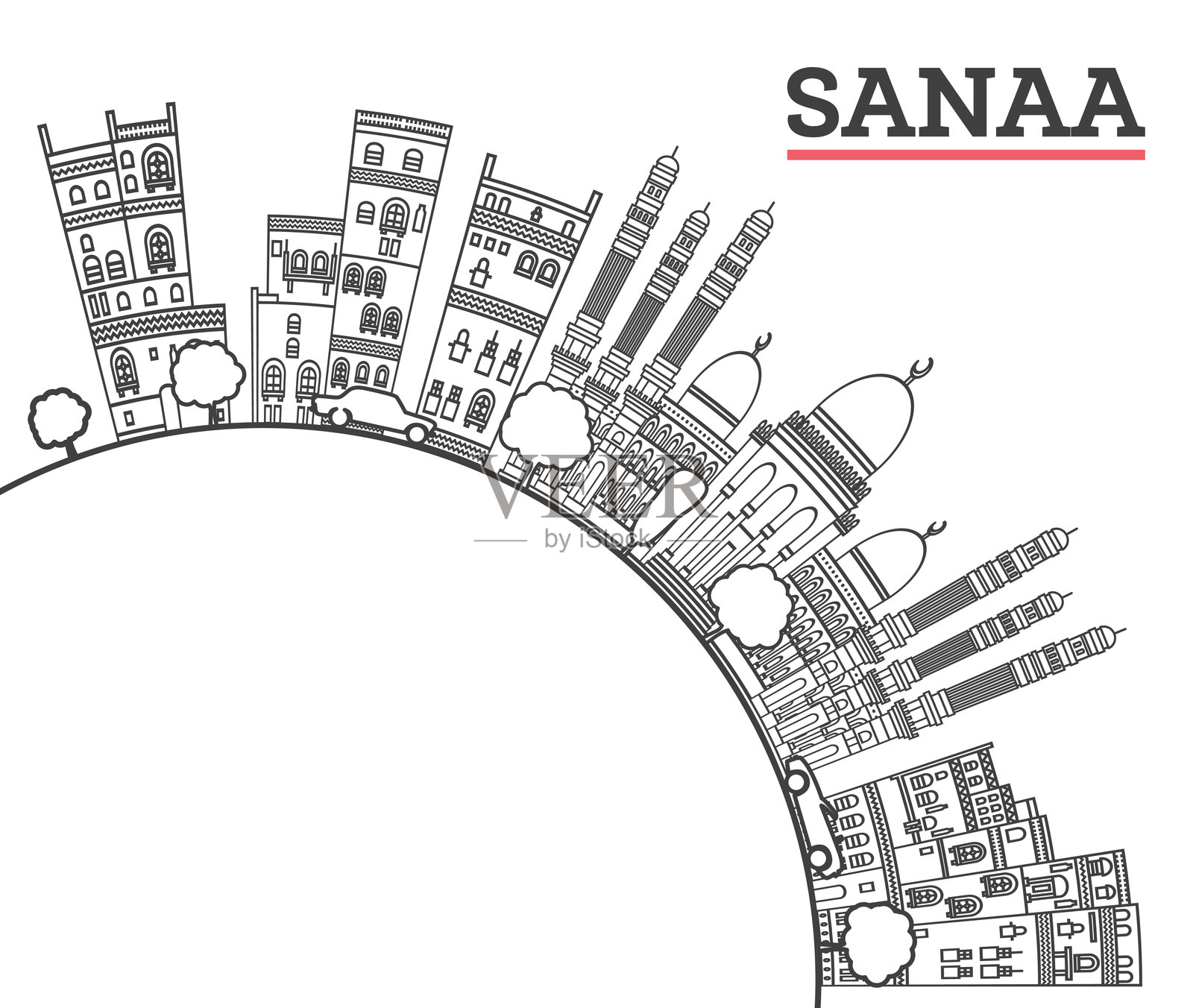 也门萨那市天际线轮廓,带有历史建筑和空白区域,孤立在白色背景上。插图。萨那市景与地标。插画图片素材