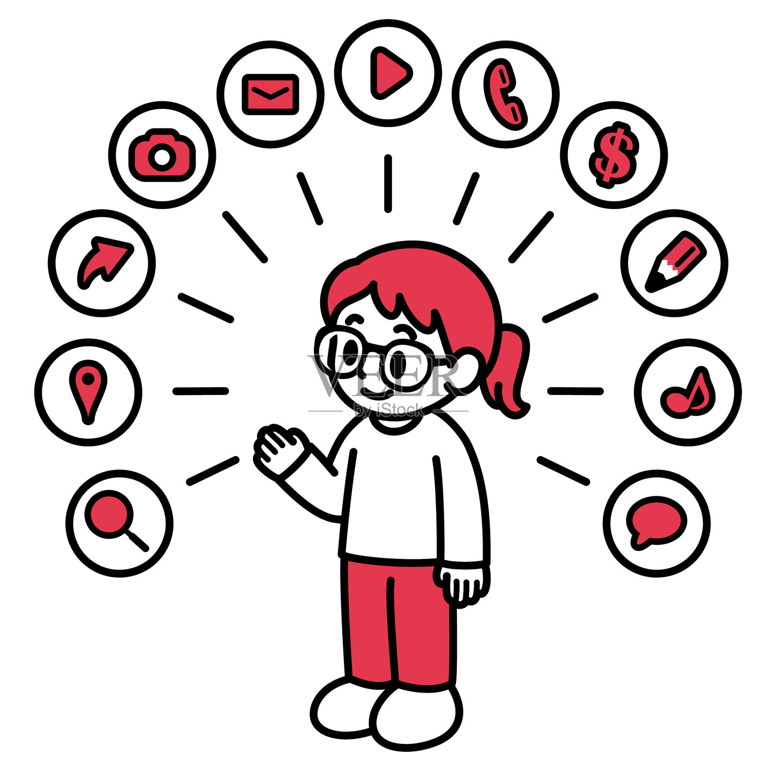 一个戴着人工智能智能眼镜的女孩,正在打电话、发信息、使用语音助手、拍照、导航、社交分享、观看视频、进行支付、听音乐和搜索信息。黑色轮廓,平面色彩。插画图片素材