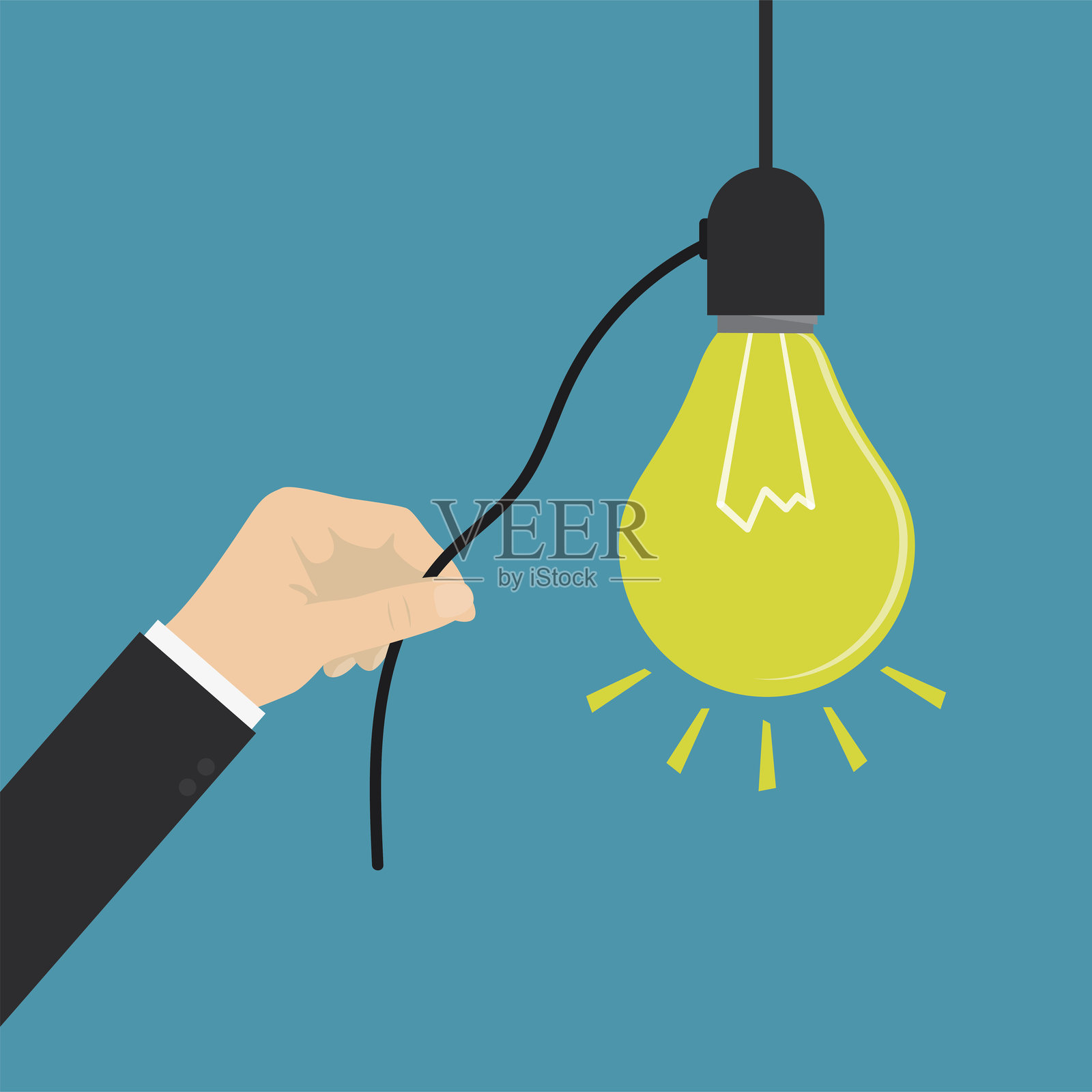 商人用手打开灯泡。手动开关电源线和灯光的创意灯。头脑风暴,推销一个想法。商业中的创新与创造力。插画图片素材
