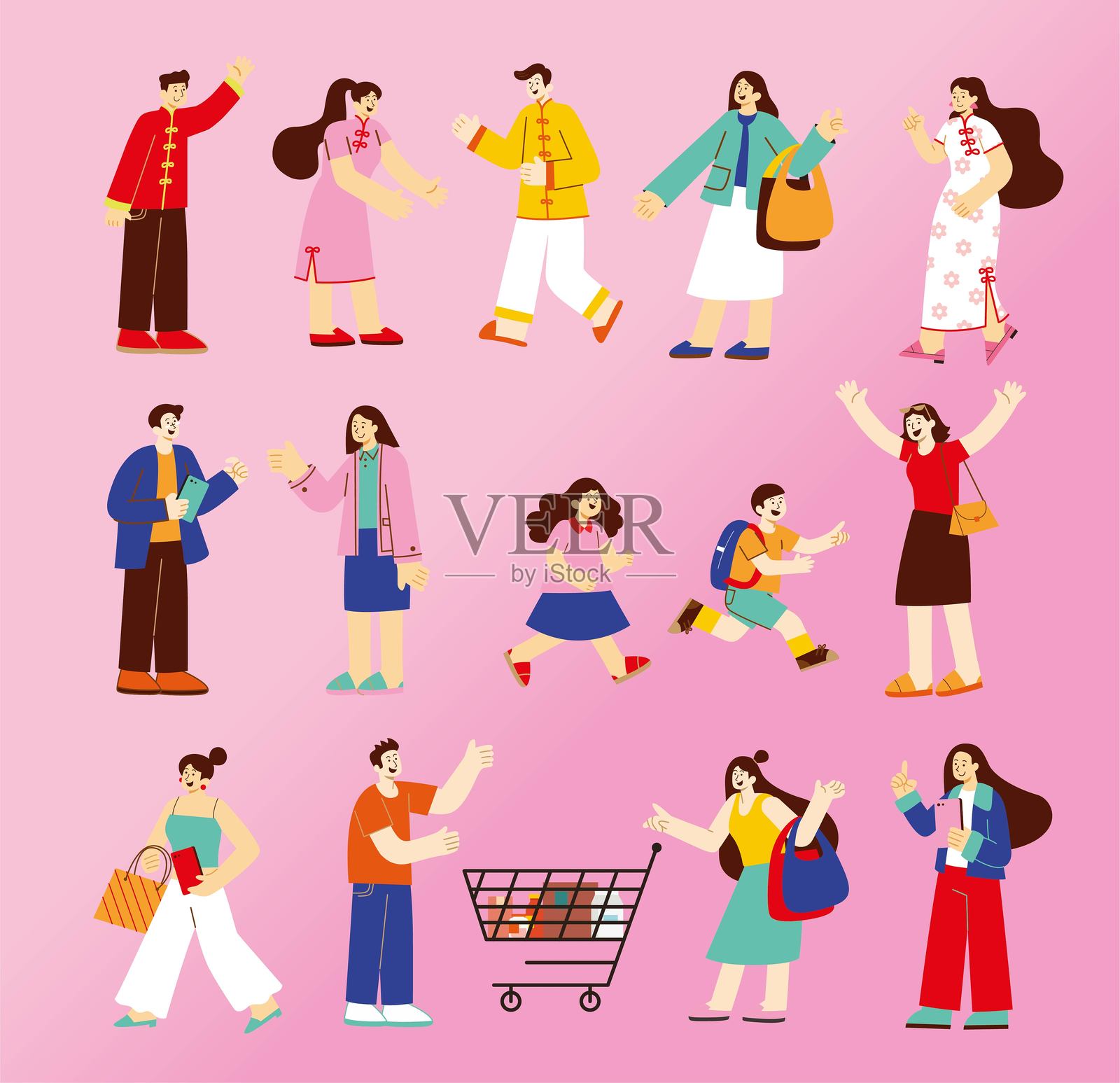 企业风格的简约亚洲人群体设置插画图片素材