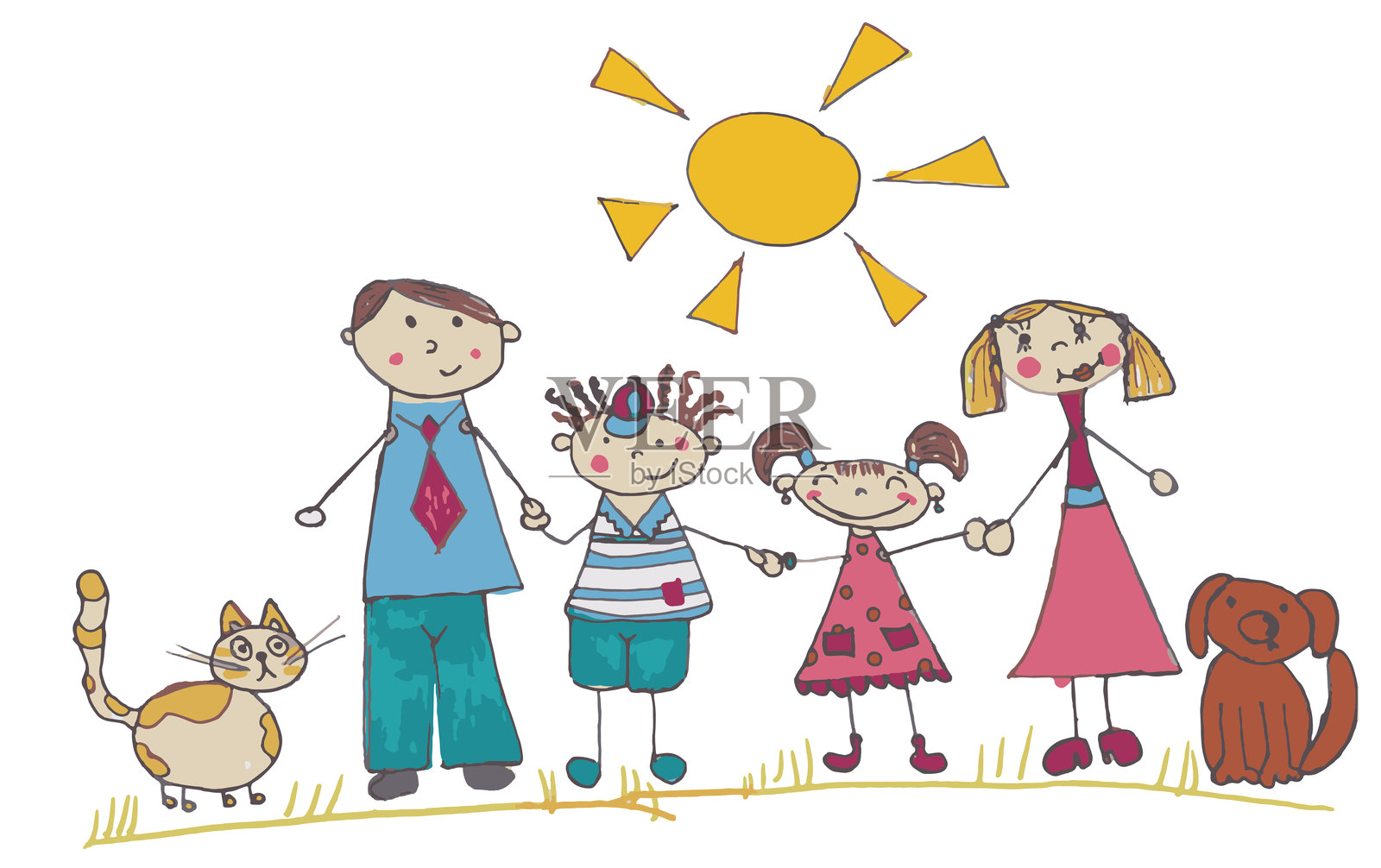 色彩丰富的手绘家庭插图,包含猫和狗插画图片素材
