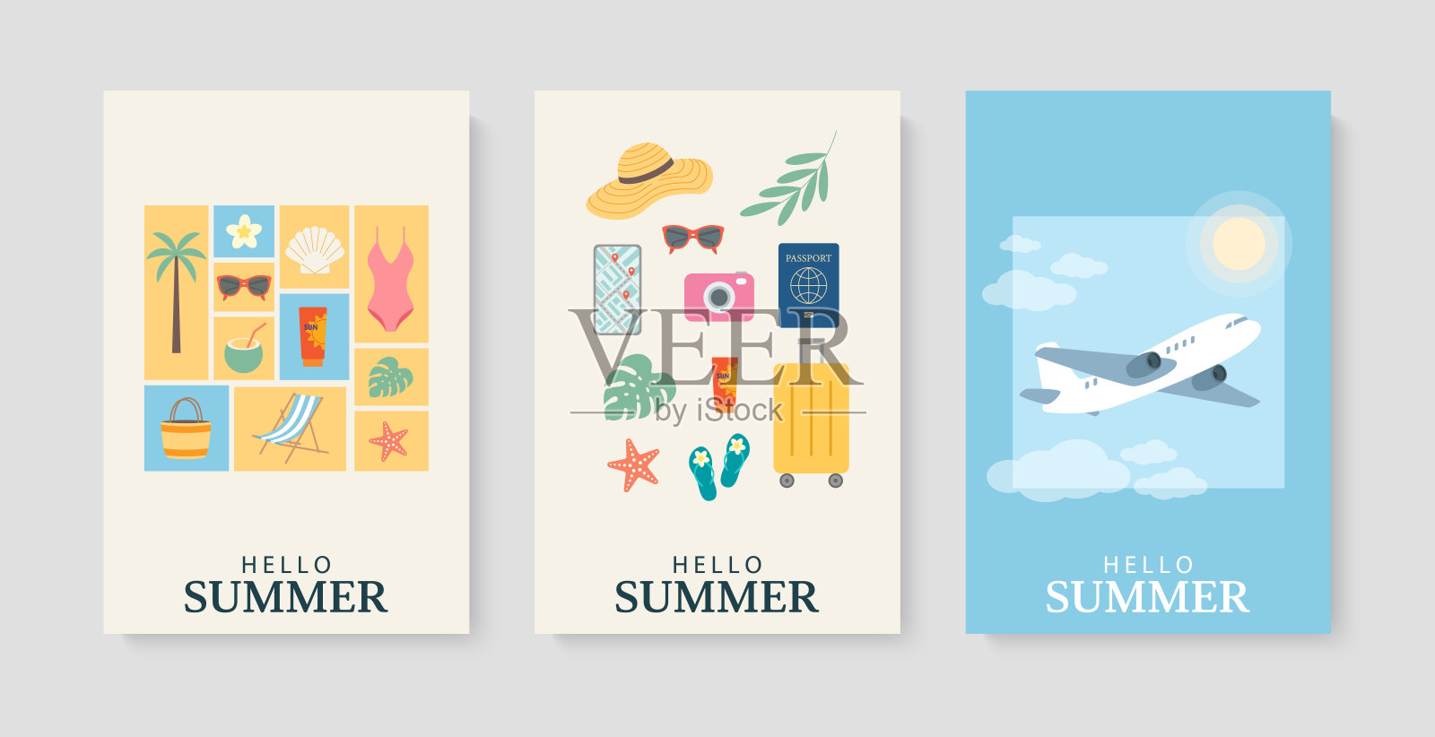 夏季背景和卡片。夏季旅行概念和飞机飞行的传单套件,适合度假、海滩假期和放松。适用于海报、卡片和封面的极简矢量插图。插画图片素材