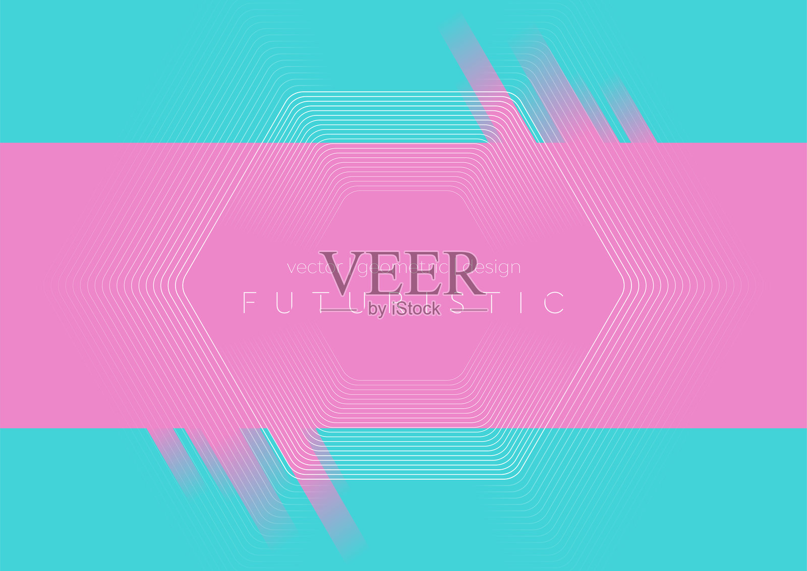 粉蓝对比的极简背景上的线性六边形形状插画图片素材