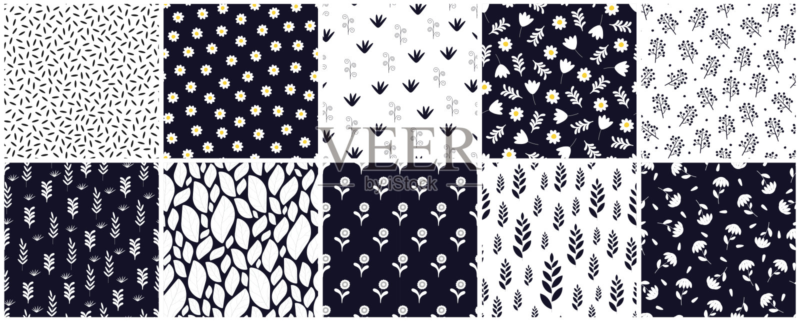 优雅花卉无缝图案的矢量集合。描绘可重复的春季自然美丽面料背景,包含树枝、叶子和花朵。蓝白色设计。纺织品无尽印刷。插画图片素材