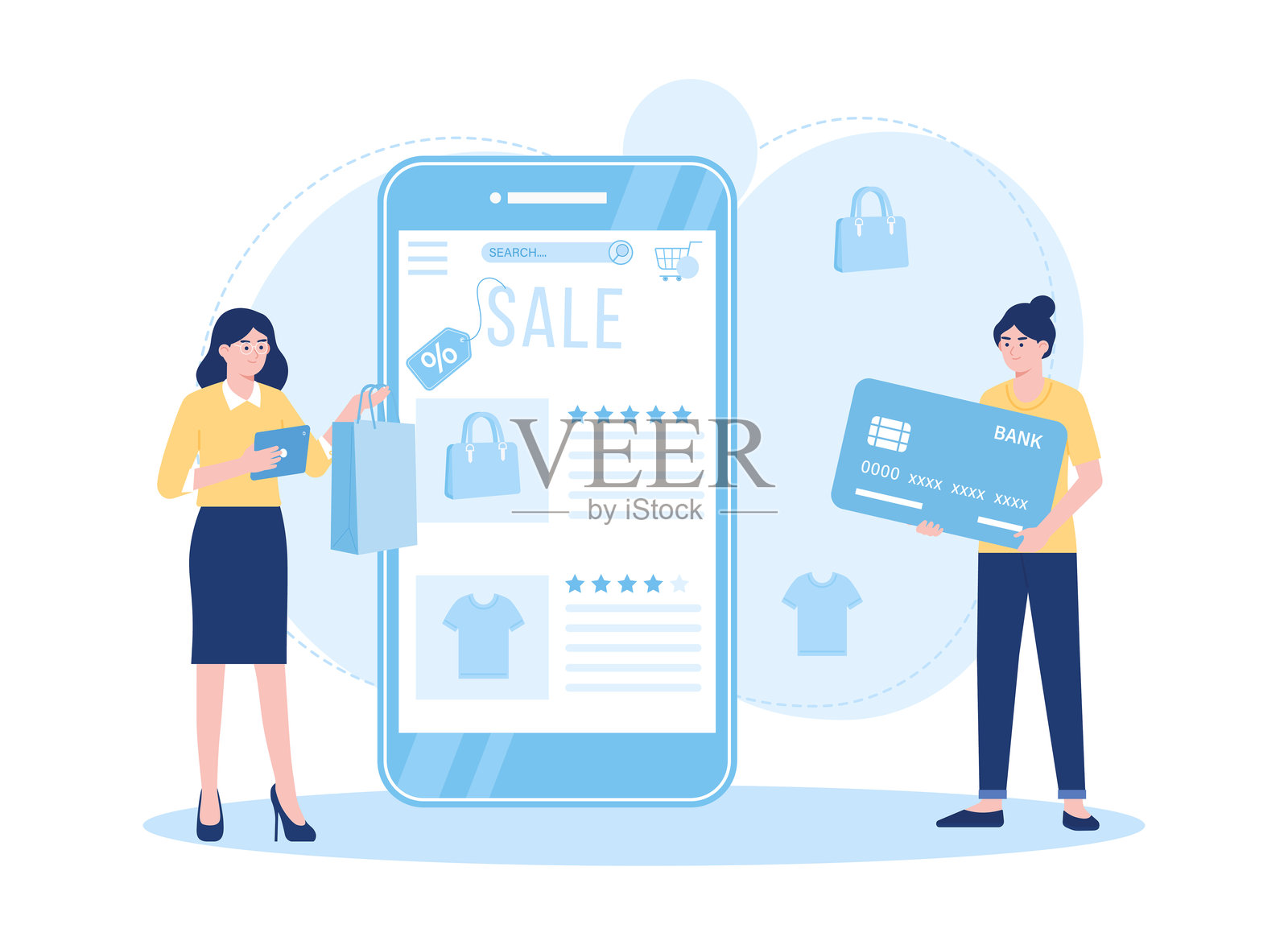 一位女性在线购物的概念扁平插图插画图片素材