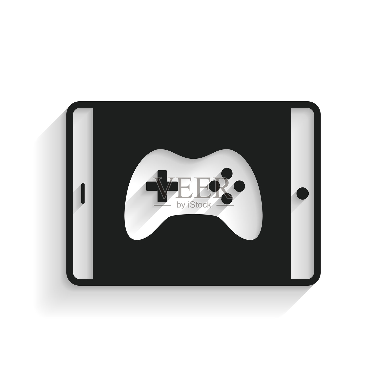 平板电脑上的视频游戏。带有长阴影的图标,背景为白色。插画图片素材