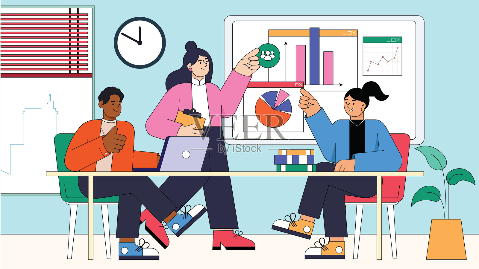 平面图形商业会议开发团队。专业团队在工作。团队财务数据报告与分析。插画图片素材