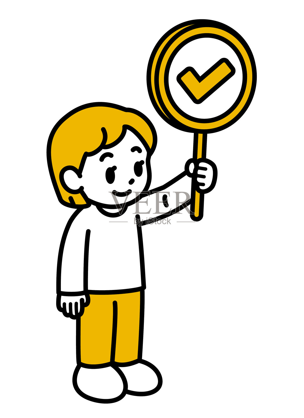 一个可爱的女孩举着一个带有勾号的标志,表示“正确、对、批准、确认、通过、许可”。黑色轮廓,平面色彩,极简风格。插画图片素材