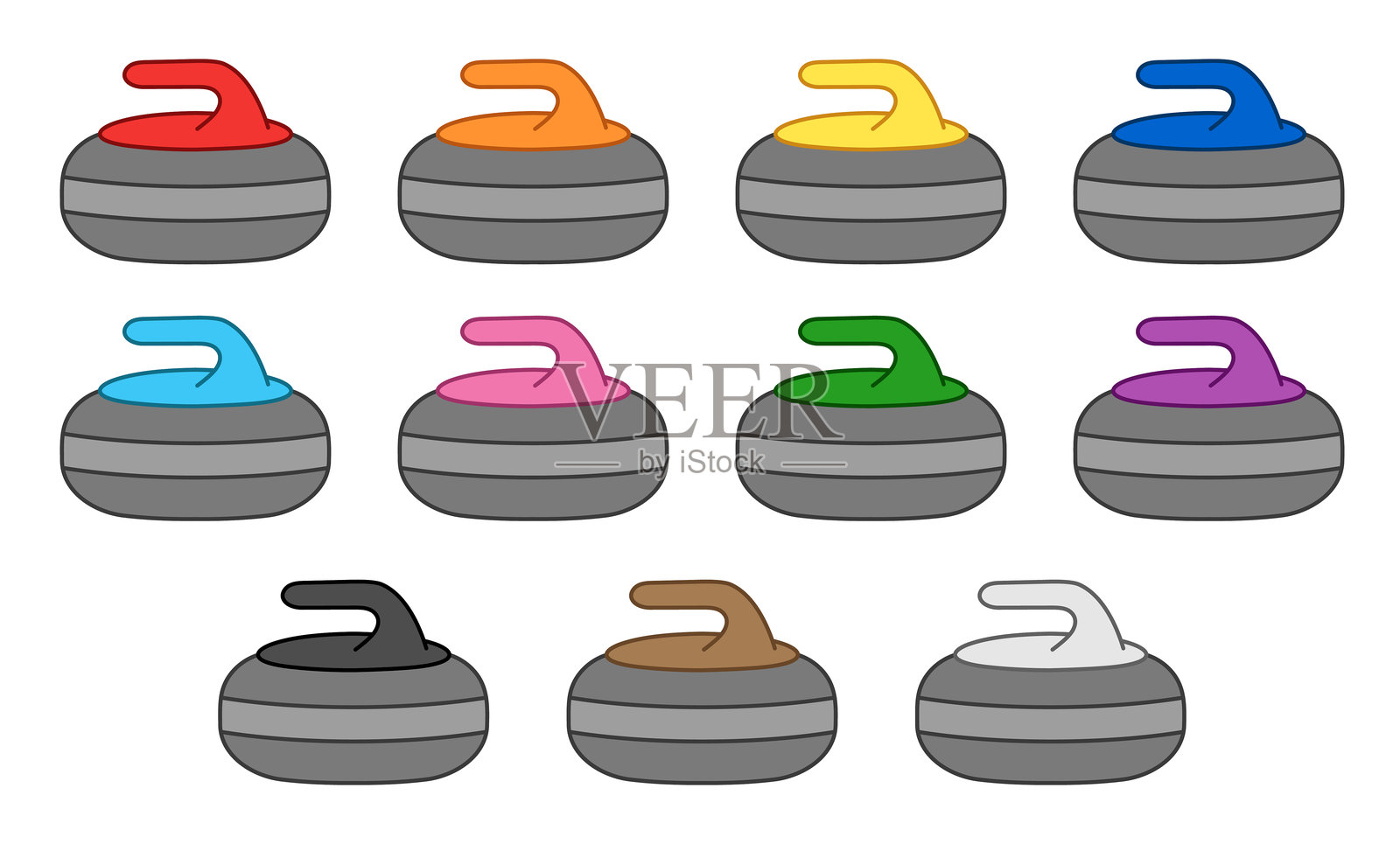 卡通冰壶石或石头的插图,采用不同颜色,侧面视图,透明背景插画图片素材