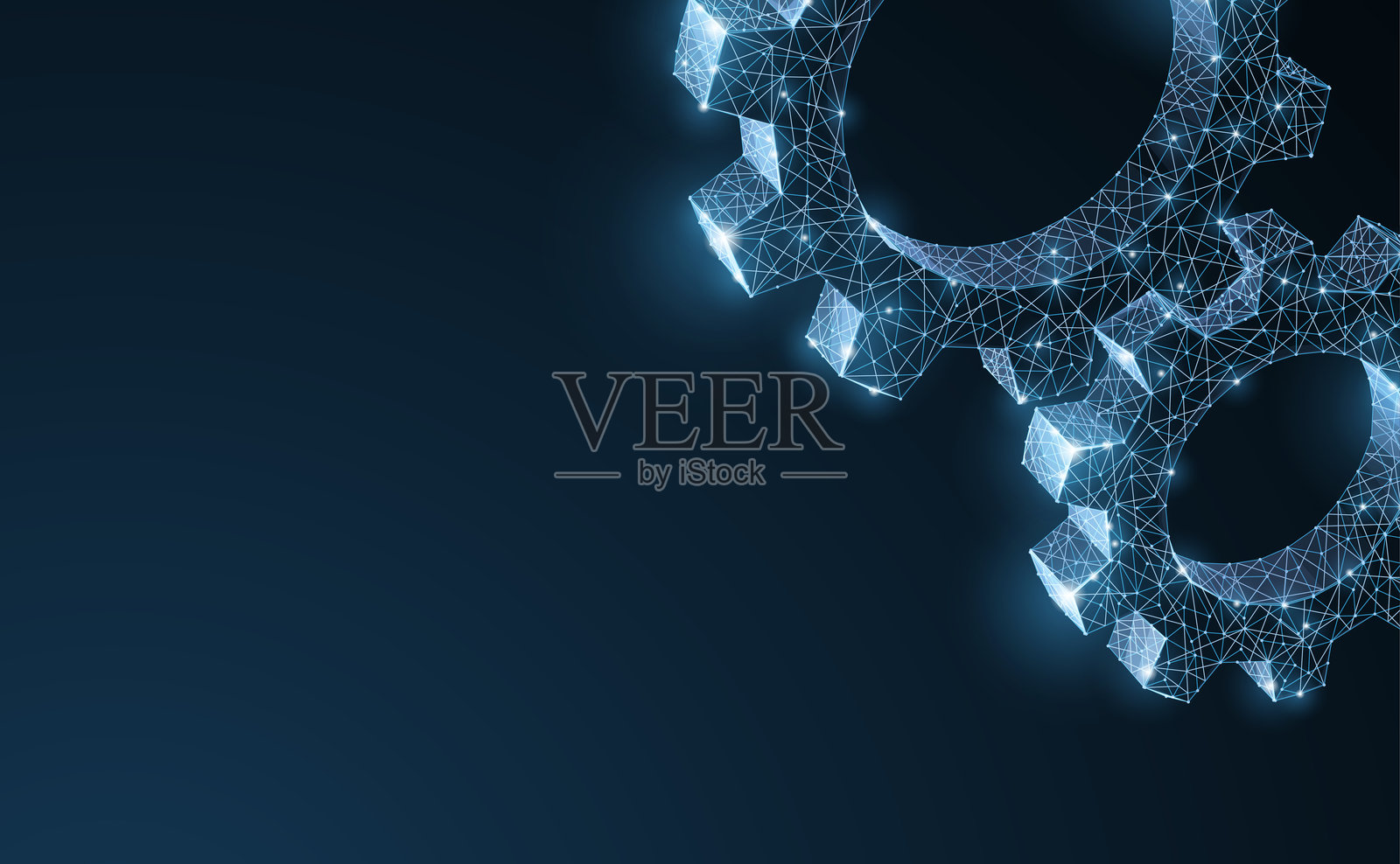 齿轮。抽象矢量线框两个齿轮的3D现代插图,背景为深蓝色。插画图片素材