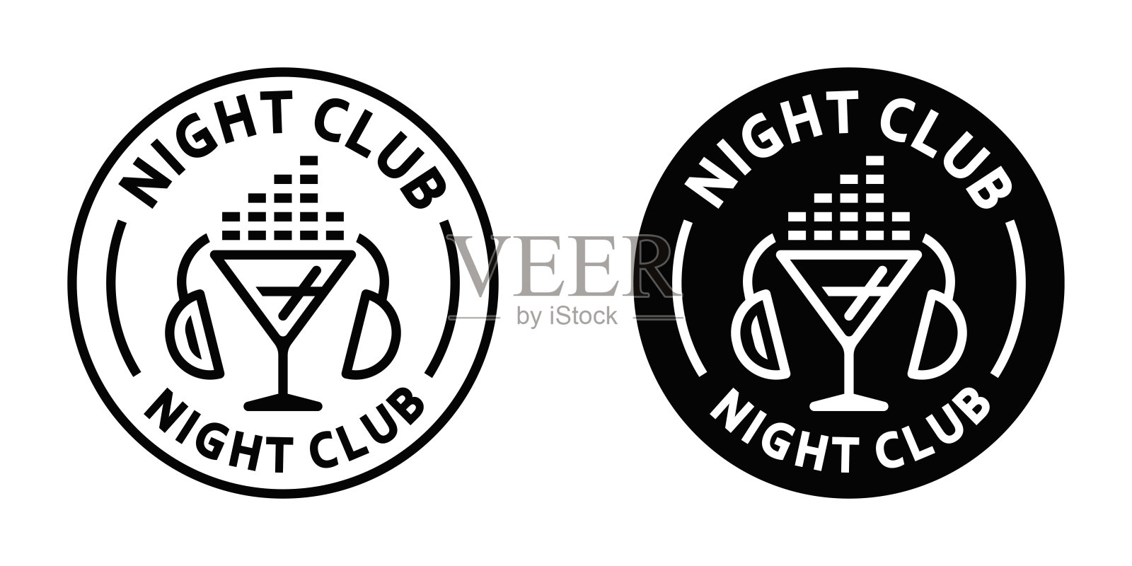 夜总会徽章的矢量图标,带有鸡尾酒杯和耳机。插画图片素材