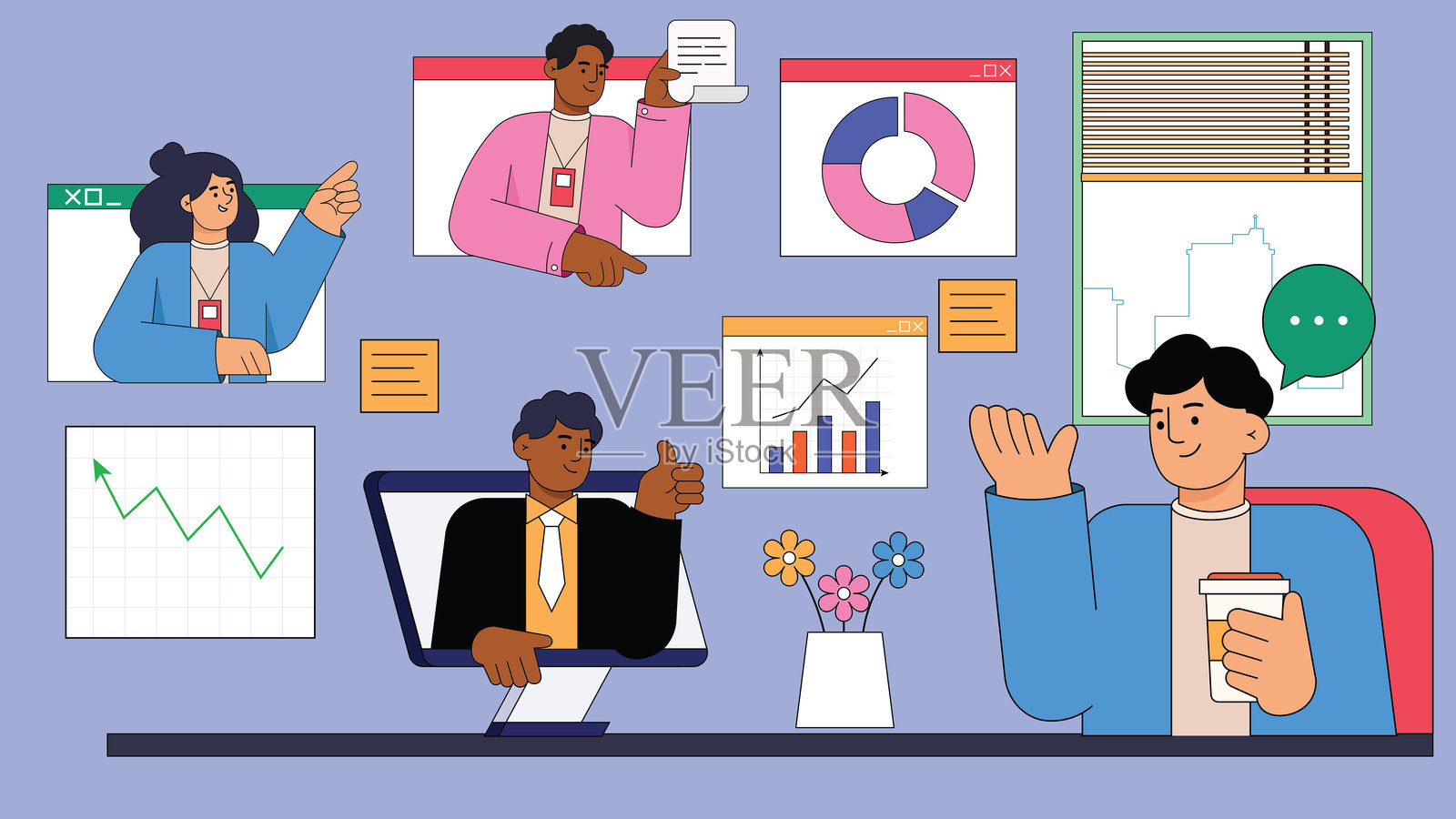 平面图形商业会议开发团队。专业团队在工作。团队财务数据报告与分析。插画图片素材