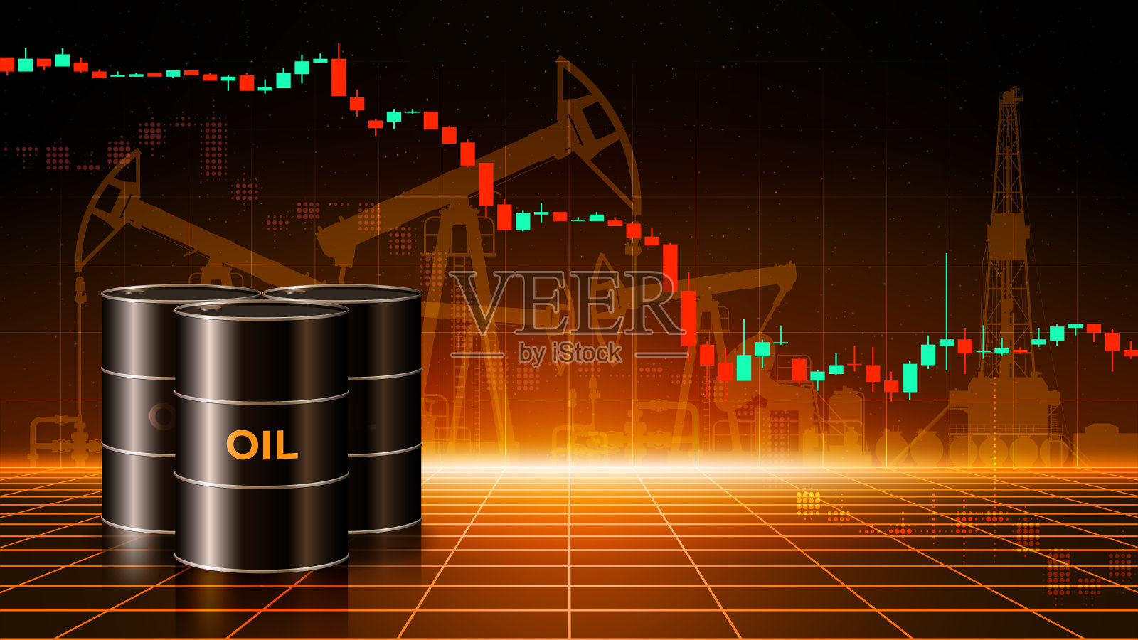 油价每桶下跌的图表。黑暗抽象沙漠背景下的原油桶。全球能源市场下跌的分析。投资策略。市场回顾。矢量插图。插画图片素材