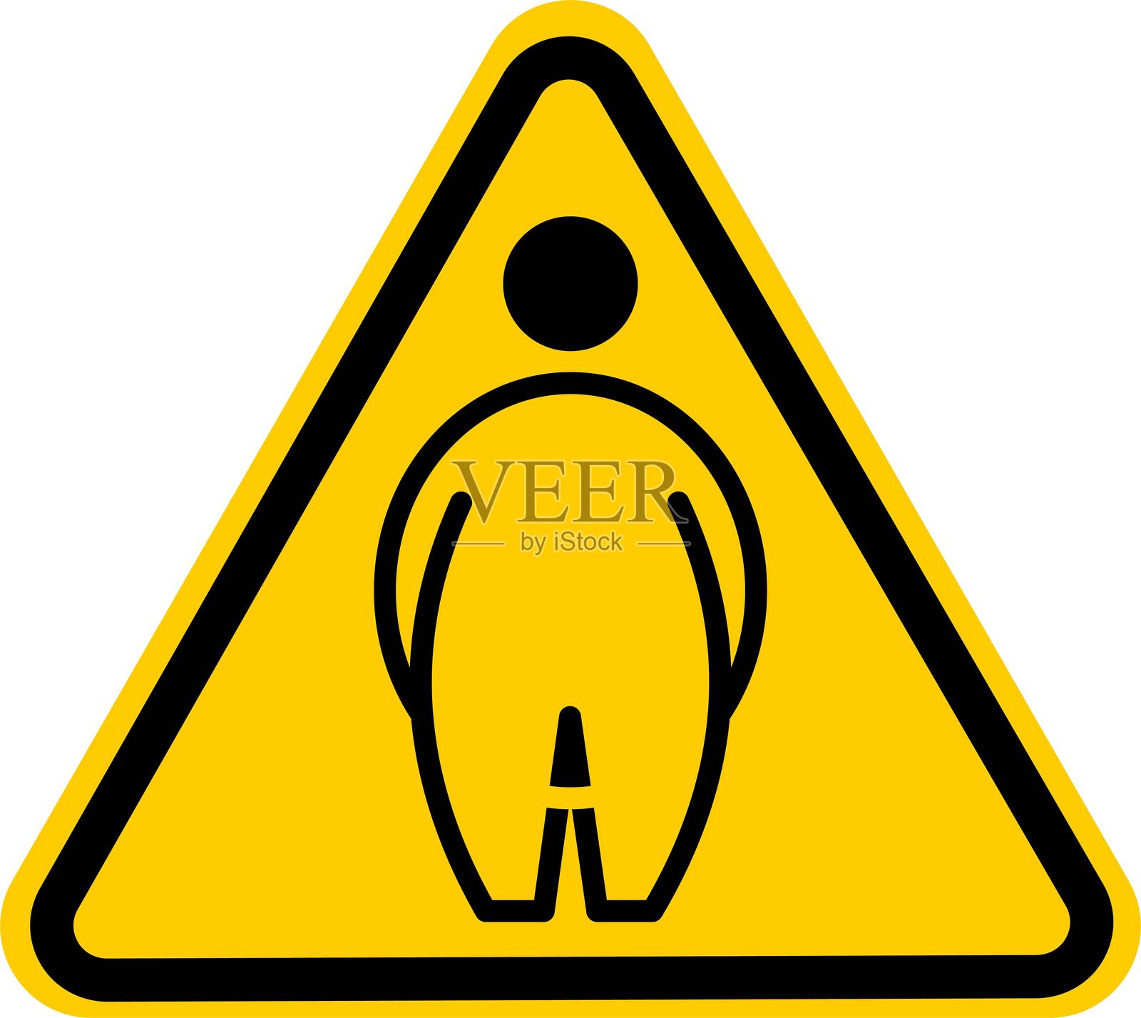 肥胖人士轮廓警告标志。黄色三角形标志。优先通行权给肥胖人士。带有站在三角形上的男人的警告标志。插画图片素材
