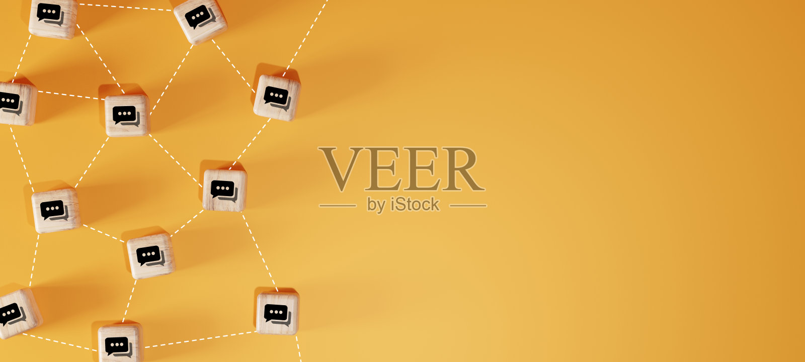 在线沟通或社交网络的概念,木块之间用线连接的对话气泡。照片摄影图片