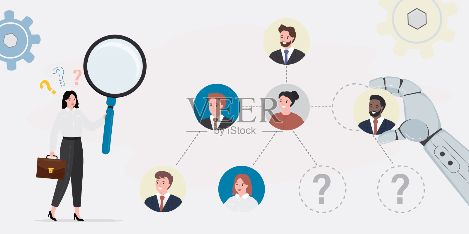 团队建设概念。人工智能机器人帮助人力资源代理招聘新员工。女老板正在寻找员工并将员工安排在公司的层级中。插画图片素材