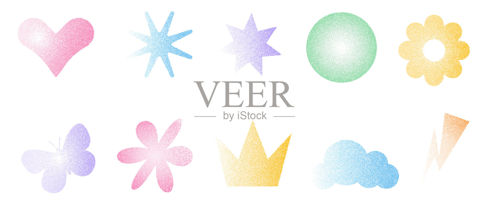 谷物渐变形状。点状几何图形集。Y2K复古心形、星形和带花朵的圆形。五彩斑斓的蝴蝶、皇冠图标在白色背景上。矢量插图。插画图片素材