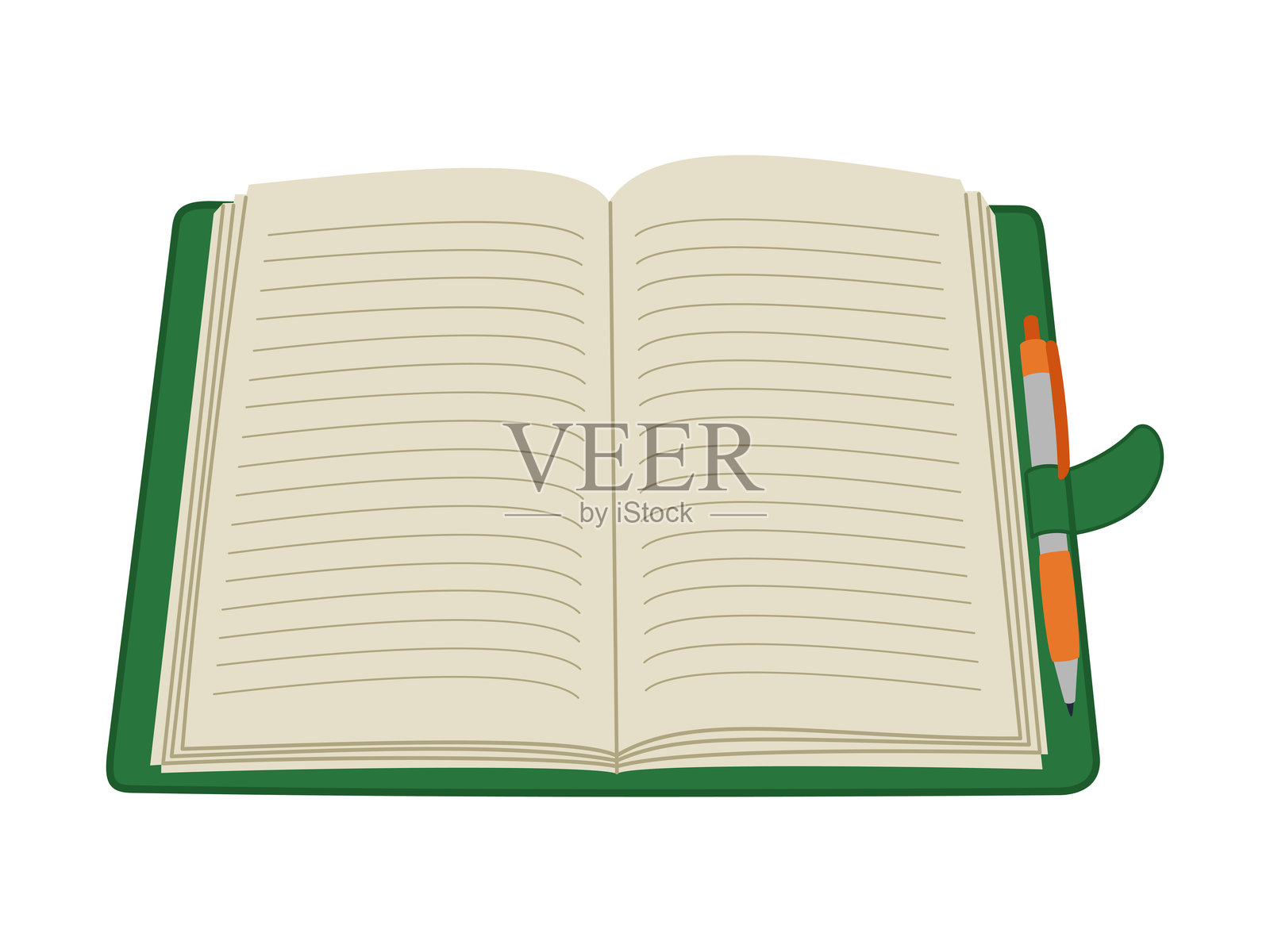 打开带有白色横线页面的记事本和钢笔。日记、日常计划本、组织者、办公和学校文具。插画图片素材