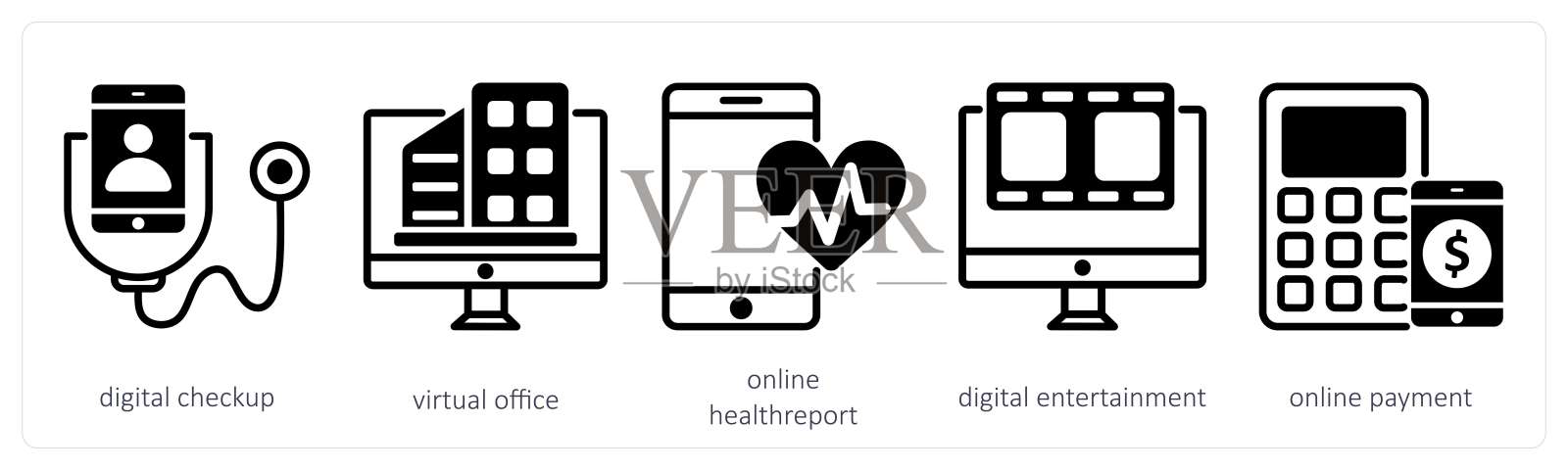一组5个无接触时代图标,包括数字体检、虚拟办公室、在线健康报告插画图片素材