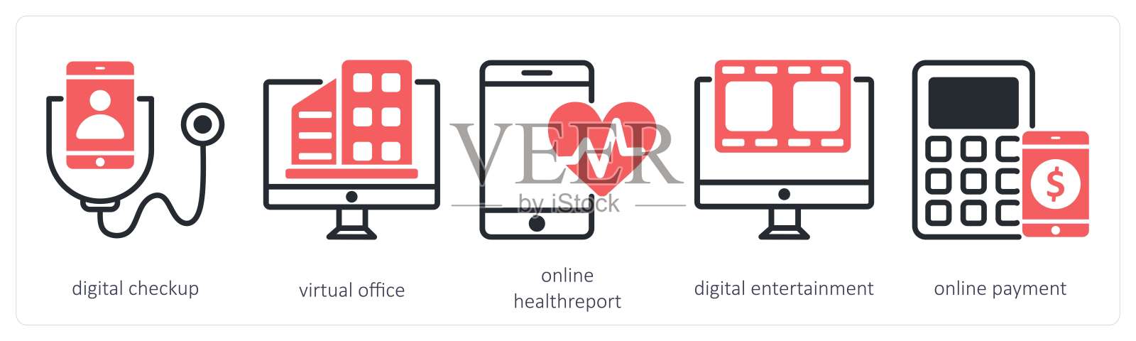 一组5个无接触时代图标,包括数字体检、虚拟办公室、在线健康报告插画图片素材