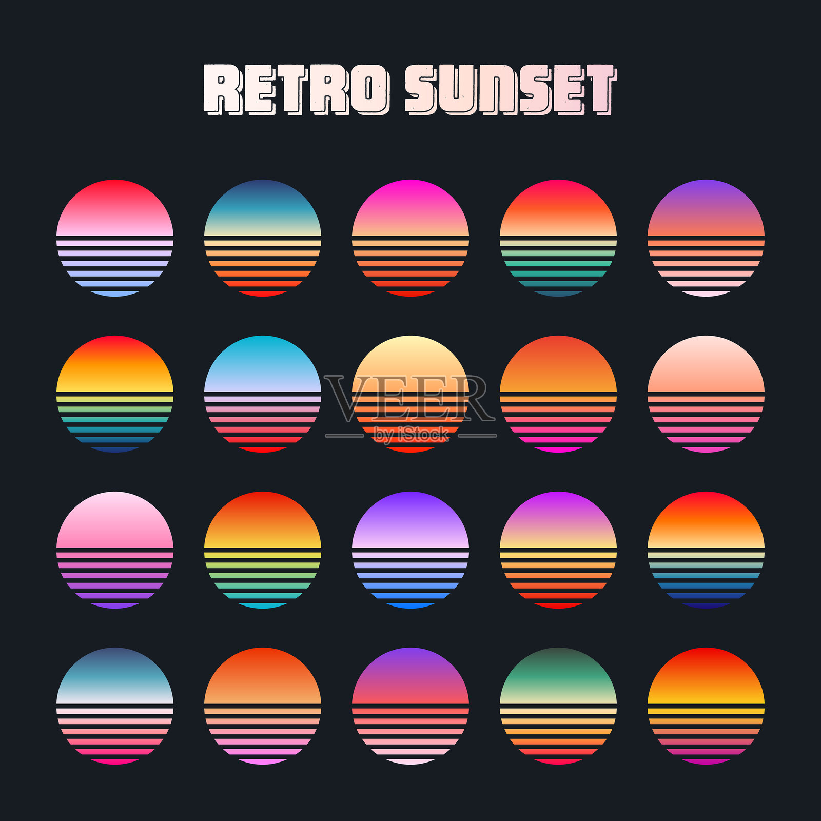 复古多彩的日落。80年代和90年代风格的条纹渐变日出徽章。阳光与海洋的景色,夏日氛围,冲浪。适用于印刷、标志或T恤的设计元素。矢量插图插画图片素材