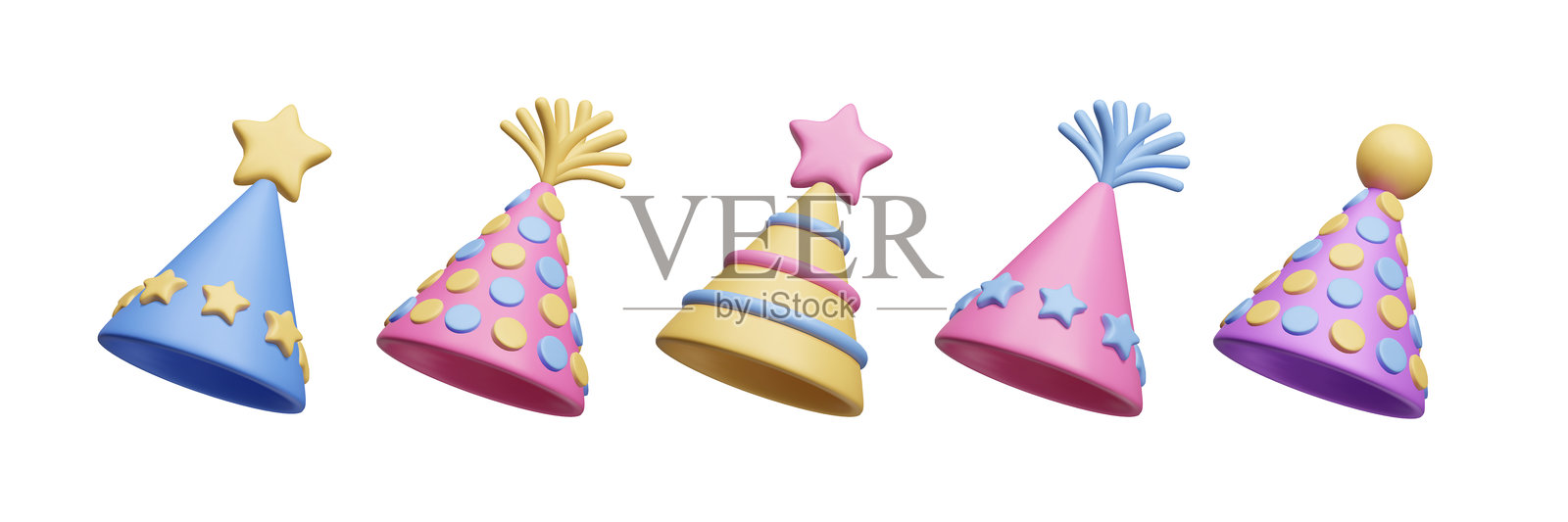 彩色生日帽3D风格矢量图标集。条纹锥形帽子、带星星、波点和流苏的生日帽,卡通3D矢量插图,背景为白色。快乐庆祝装饰套装。插画图片素材