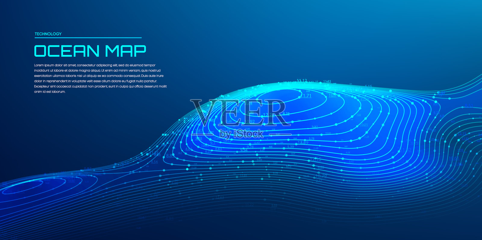 带有详细发光深度轮廓线和数字高程数据的3D海洋地图,背景为深蓝色,用于水下地形分析插画图片素材