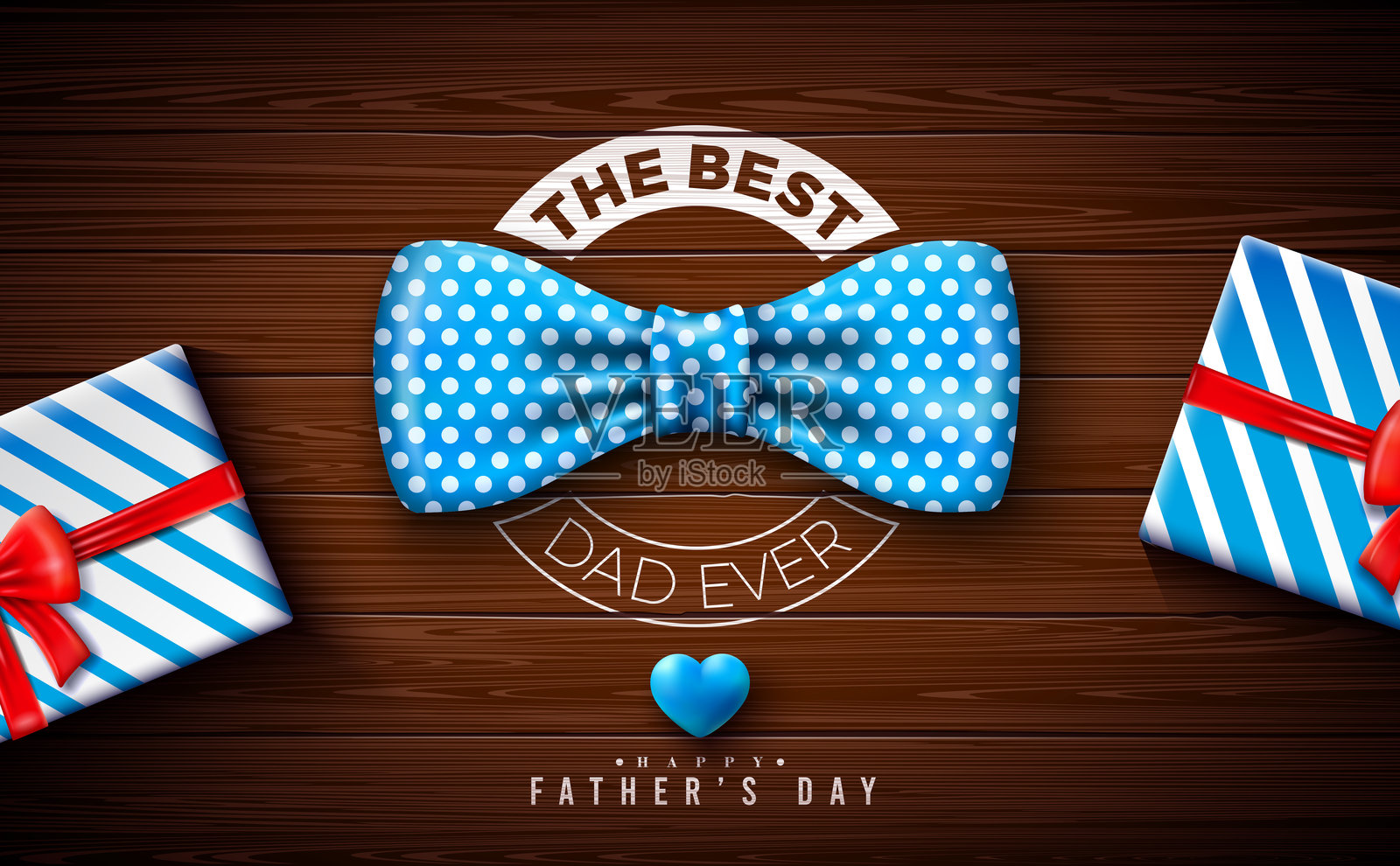 父亲节快乐贺卡设计,带有蓝色心形、蓝色圆点领结和复古木背景上的排版字母。适用于爱人和最佳父亲的庆祝插图。横幅、明信片、传单、邀请函、海报的模板。插画图片素材