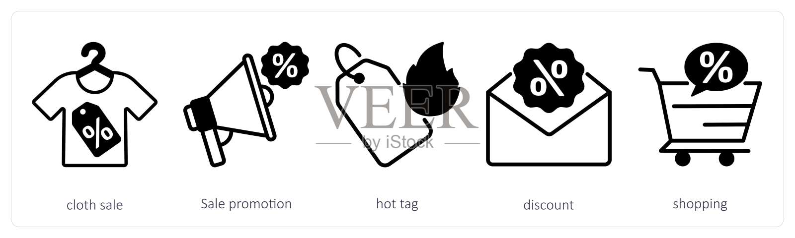 一组五个黑色星期五图标,包括服装促销、销售推广和热销标签插画图片素材