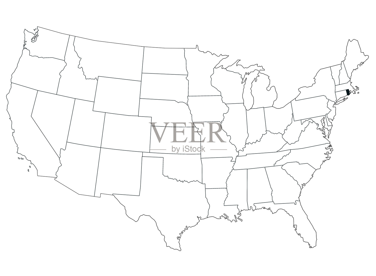 美国罗德岛州地图,白色背景上突出显示的单一州地图,黑色标记在美国地图上。插画图片素材