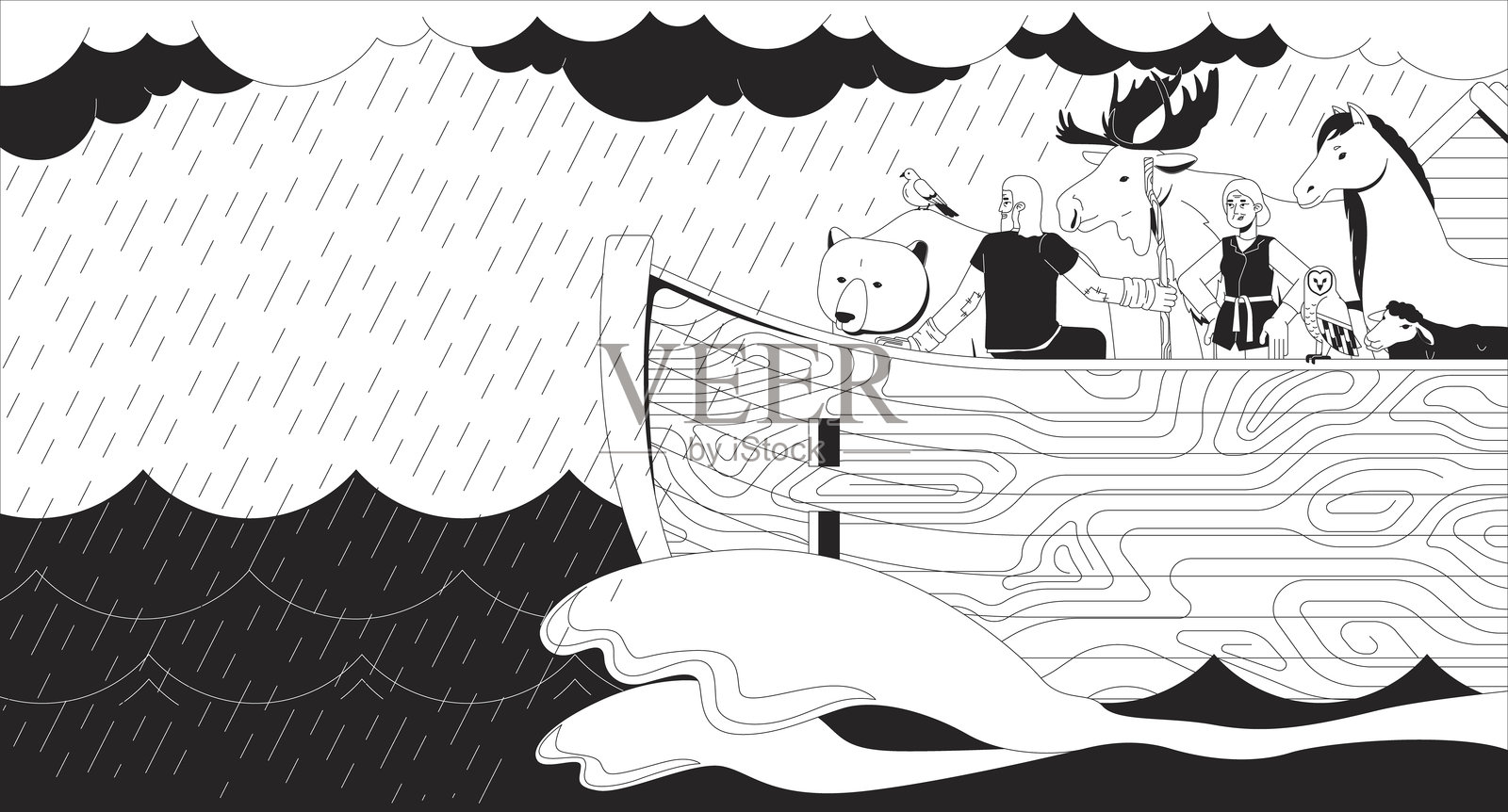 诺亚方舟在风暴中航行,船上有动物的线条插图插画图片素材