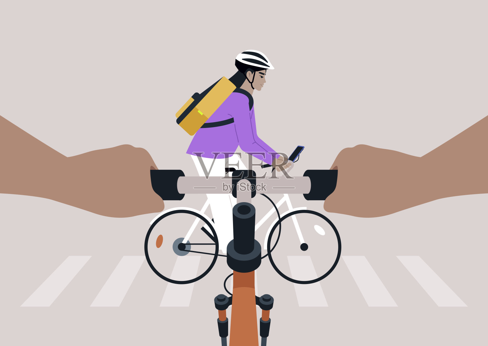 一名骑自行车的人视角,急于穿越热闹的十字路口,同时手持智能手机,场景展现了城市骑行的刺激与行人互动。插画图片素材