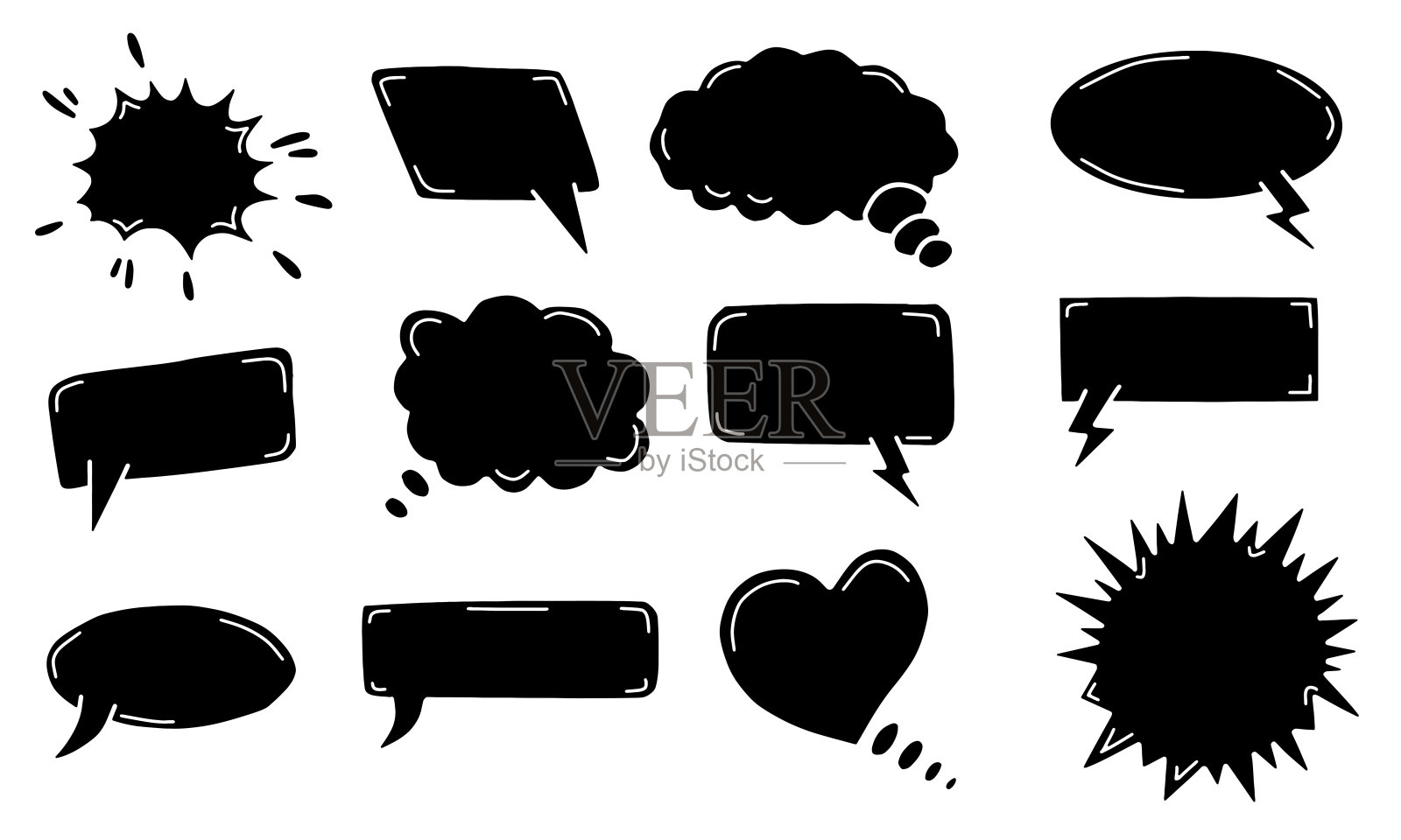 手绘的对话和思考气泡套装。涂鸦风格的对话气泡和爆炸框架。沟通和创意气泡包。插画图片素材