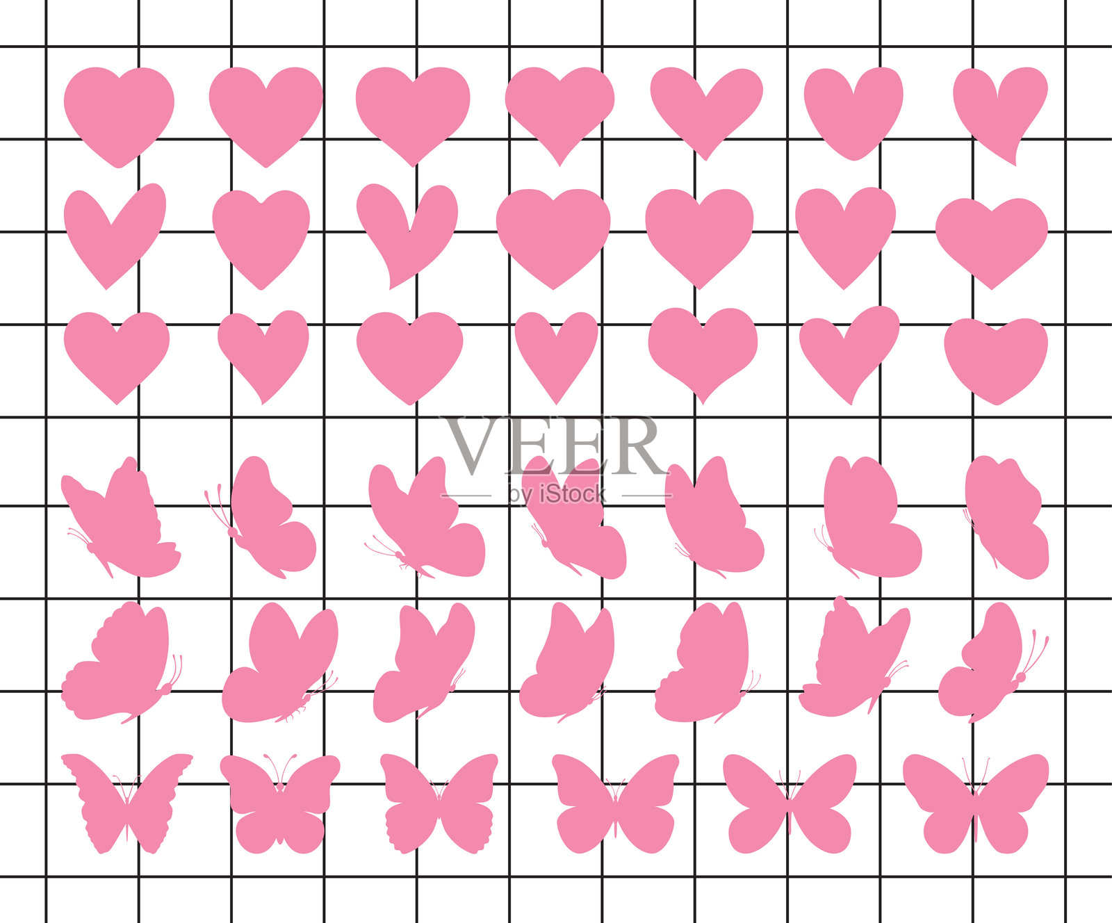 爱、浪漫的粉色心形。心形矢量图标。心形爱心符号,独立可编辑的矢量图。适用于圣诞礼物、情人节、生日的矢量心形。简单时尚可爱的粉色蝴蝶。插画图片素材