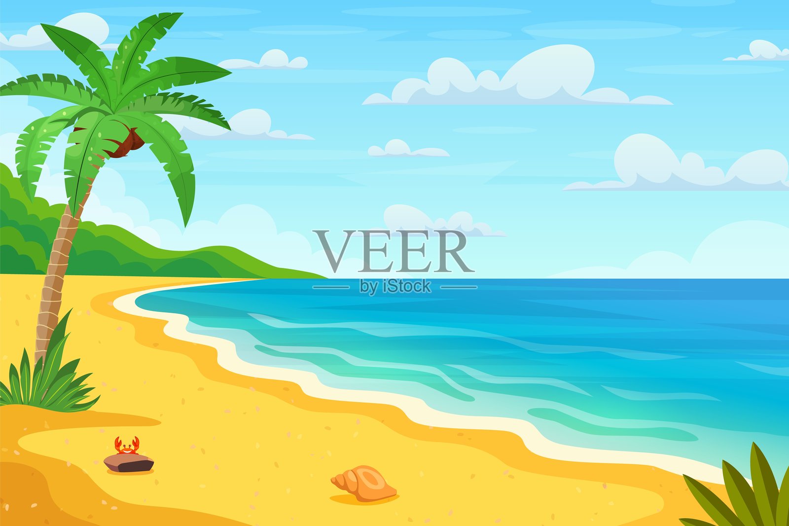 夏季海滩,四周环绕着棕榈树和植物插画图片素材