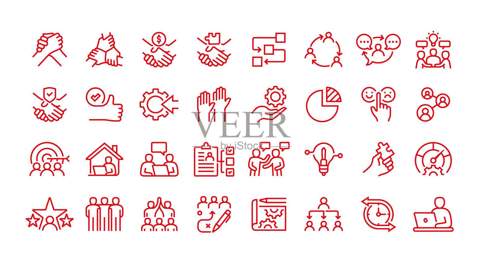 协作线条图标集。对象组。团队合作、伙伴关系、合作、工作流程、承诺、头脑风暴、互动、沟通、社区。插画图片素材