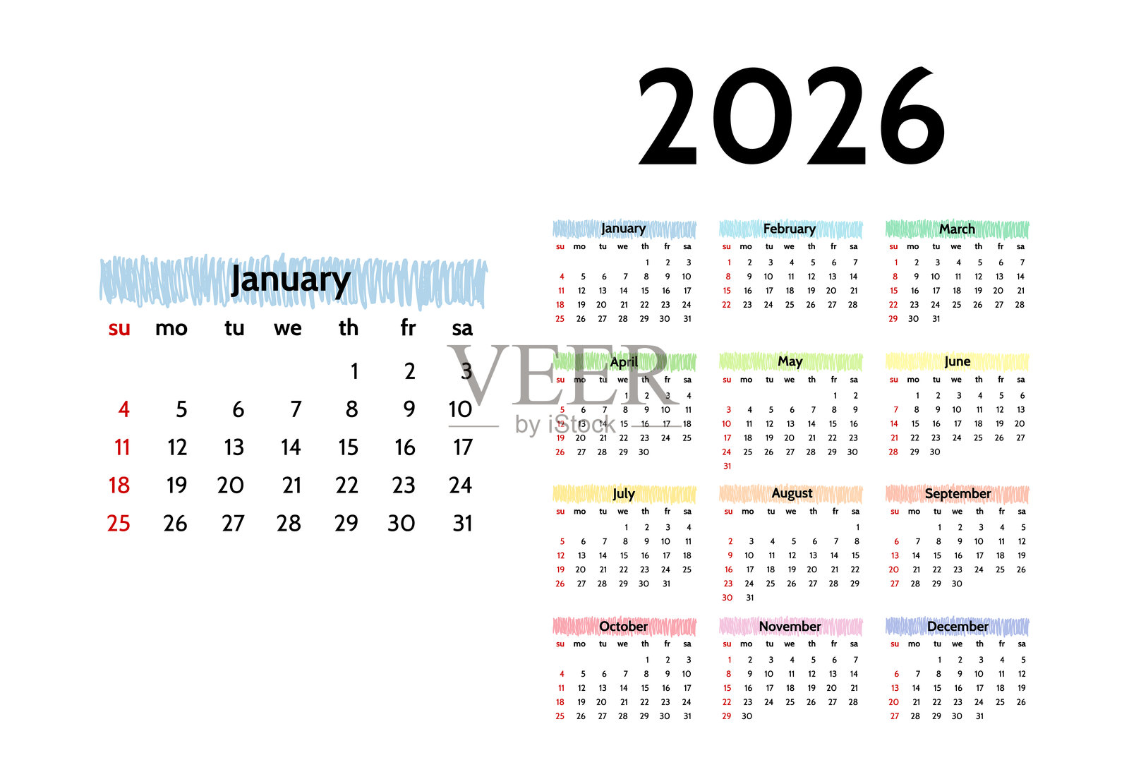 2026年日历孤立在白色背景上插画图片素材