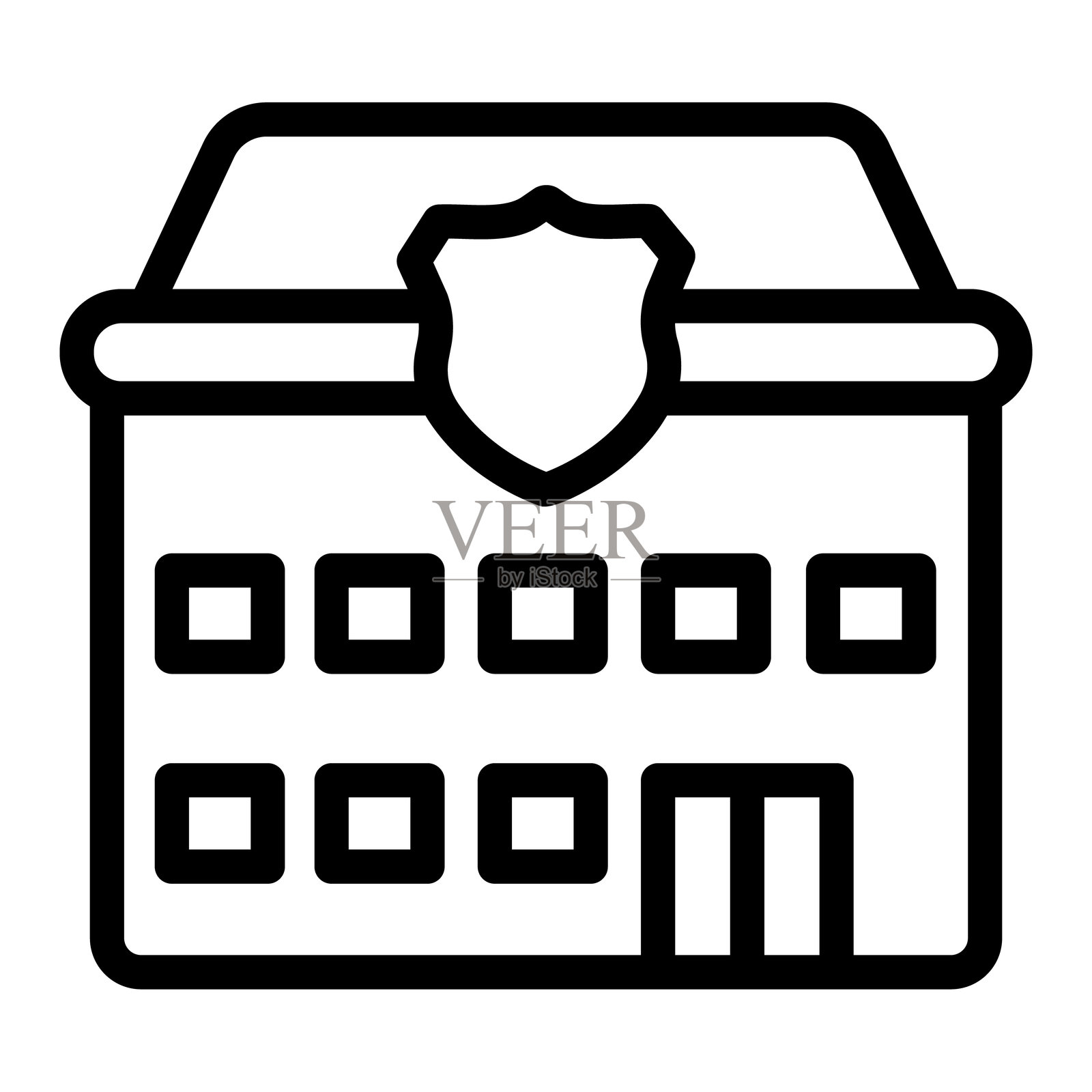 警察局建筑线条图标,执法概念。矢量图形。白色背景上的警察办公室标志,适合移动或设计风格。插画图片素材
