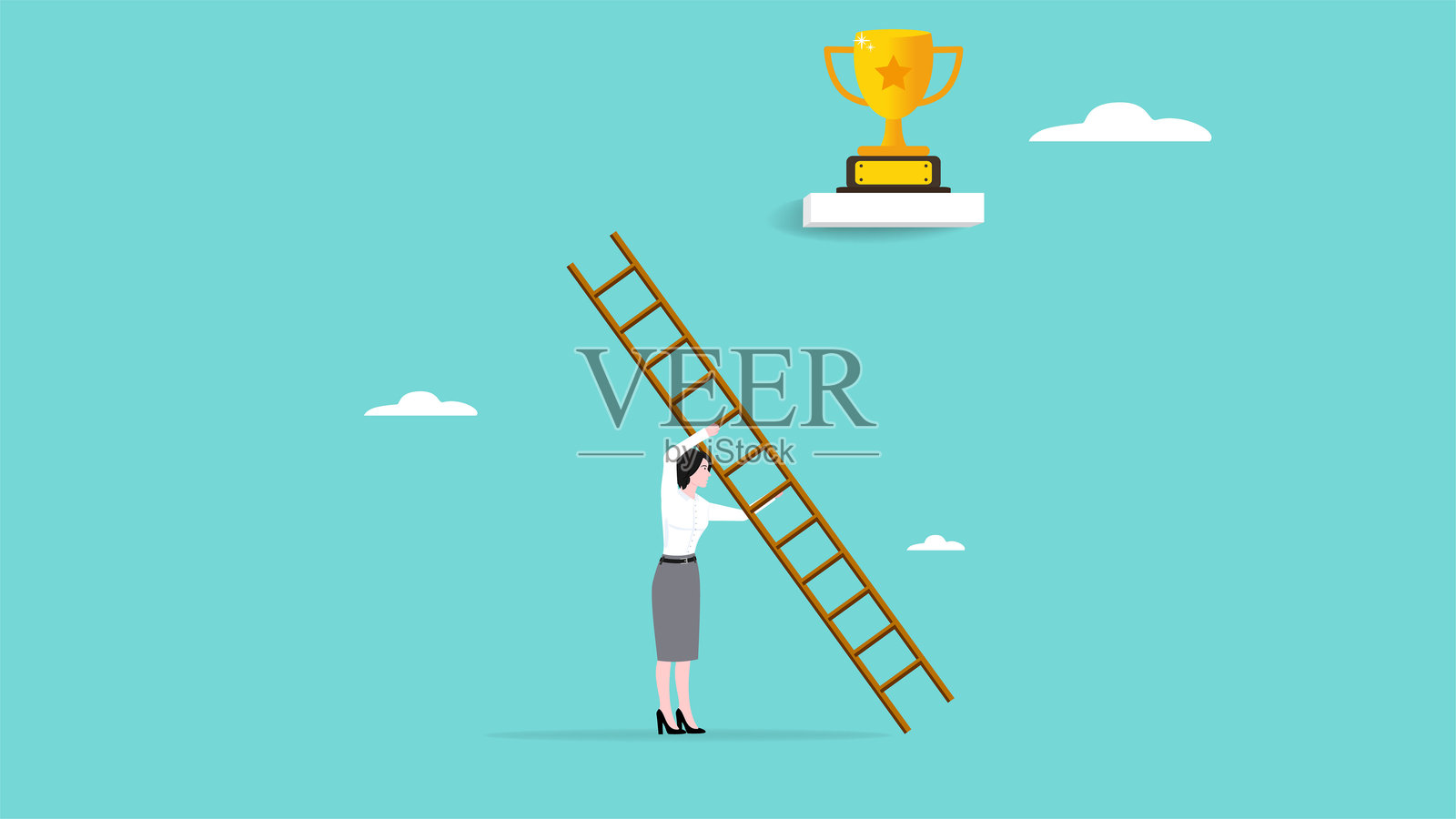 通往胜利或成功的楼梯插图,职业道路或实现商业目标和目标的步骤,女商人奔跑上楼梯以达到成功奖杯的概念矢量插图插画图片素材