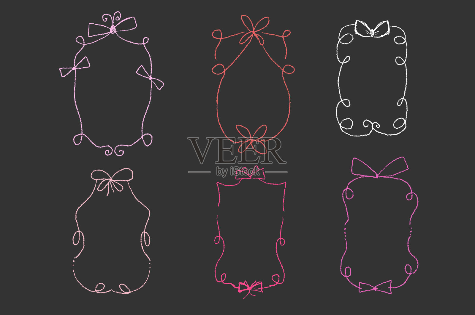 带有蝴蝶结的涂鸦风格的花边蜡笔画。复古波浪边框与丝带组合。矢量可爱的涂鸦卷曲矩形和椭圆形模板,适用于节日菜单。简约风格的生日框架。插画图片素材