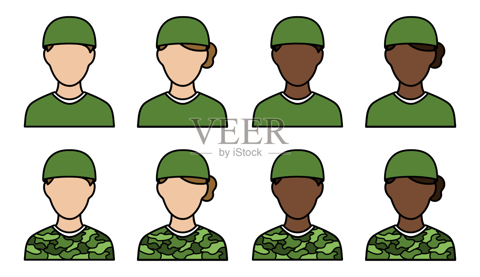 军队士兵头像套装,包含男性和女性剪贴画插图,背景透明插画图片素材