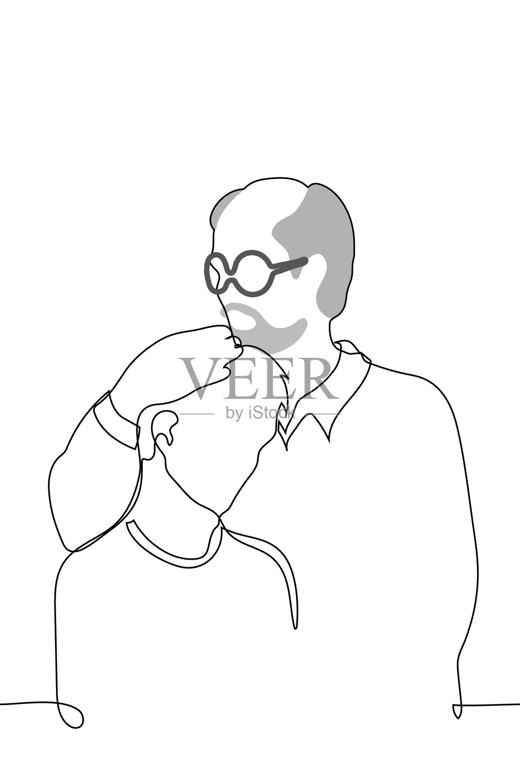 成熟的父亲拥抱成年儿子 - 一幅线条艺术矢量图。概念是一个灰发、留着胡子的有鬓角的男人,带着眼镜,将成年男子的头紧紧抱在胸前。插画图片素材