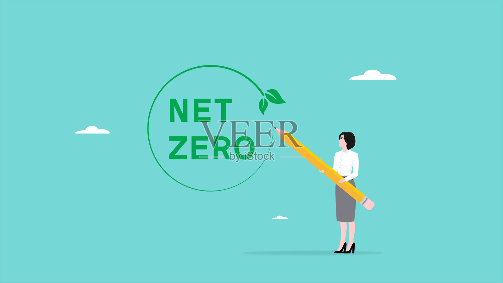 净零图标,女商人用铅笔绘制净零图标,净零温室气体排放目标,气候的良好长期战略,净零与2050碳中和概念插画图片素材