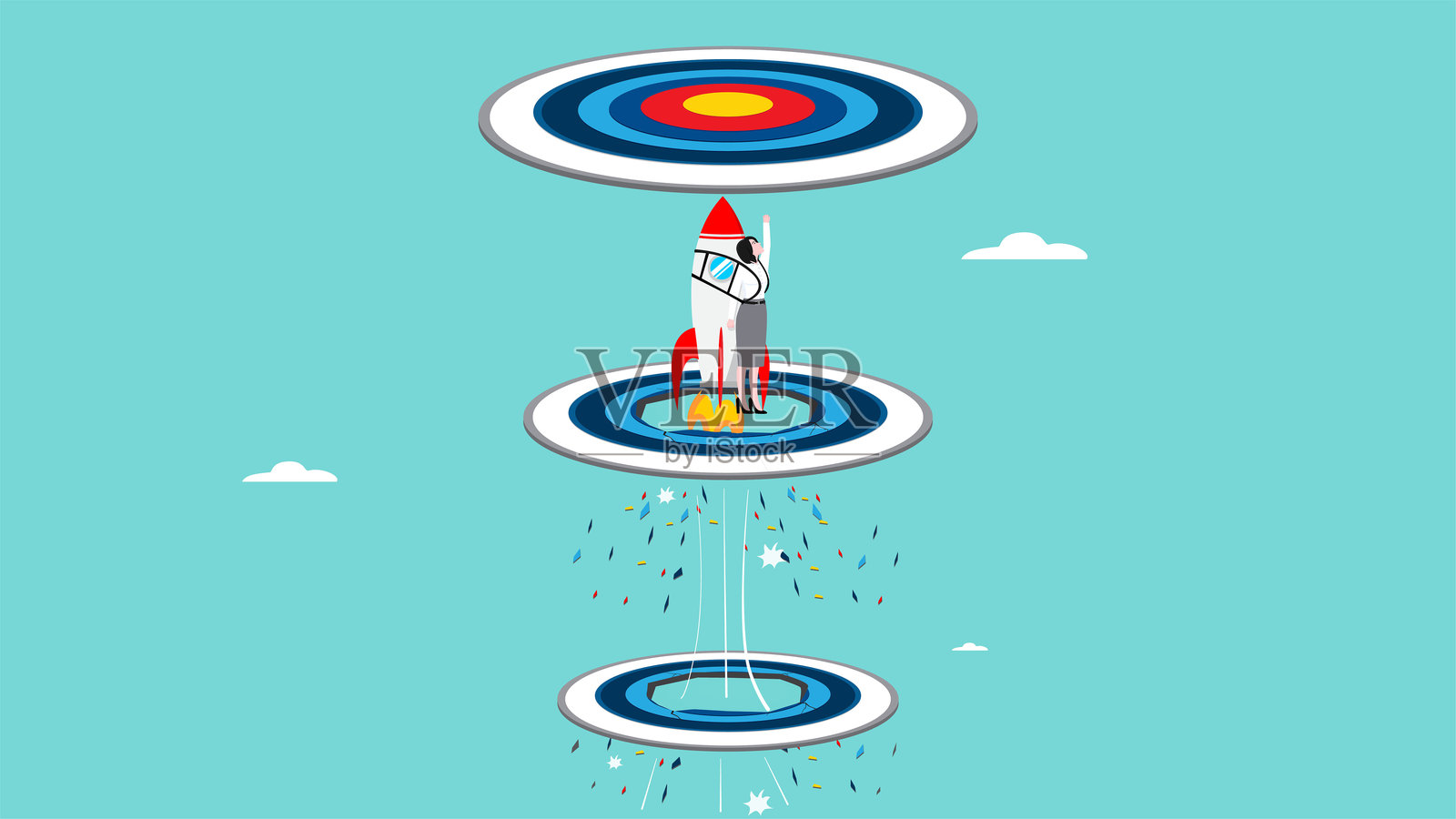 努力实现目标或商业成功,追求成功的力量或愿望,力量或精神,创造力或创新,女商人使用火箭飞向突破目标靶心插画图片素材