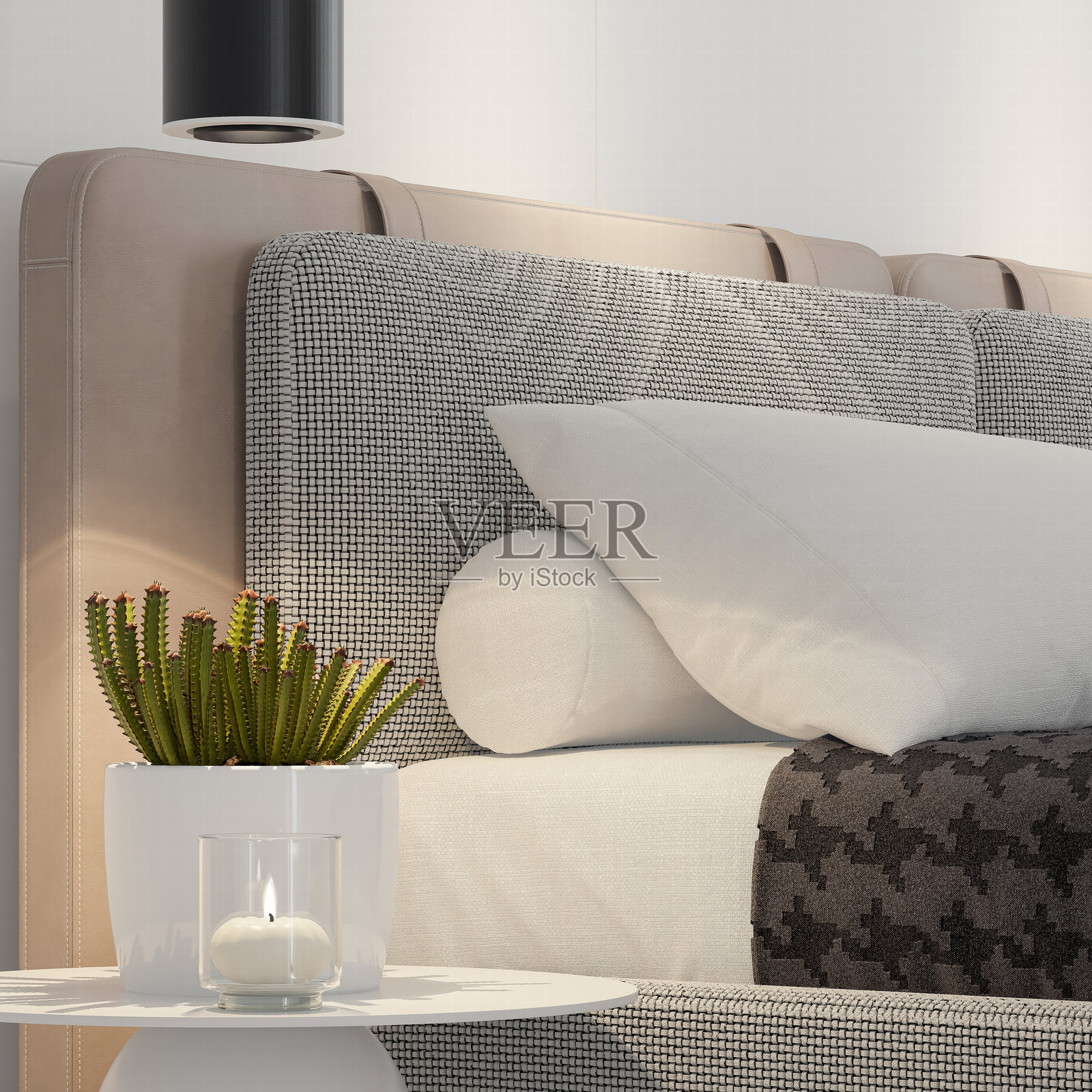 极简现代床在宁静的白色卧室中照片摄影图片